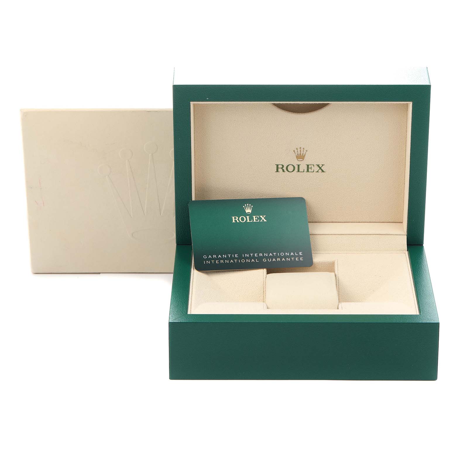 The image shows a Rolex Pearlmaster 86348 Men
s Yellow Gold Champagne Dial 86348 Men
s Yellow Gold Champagne Dial watch box, an international guarantee card, and packaging.