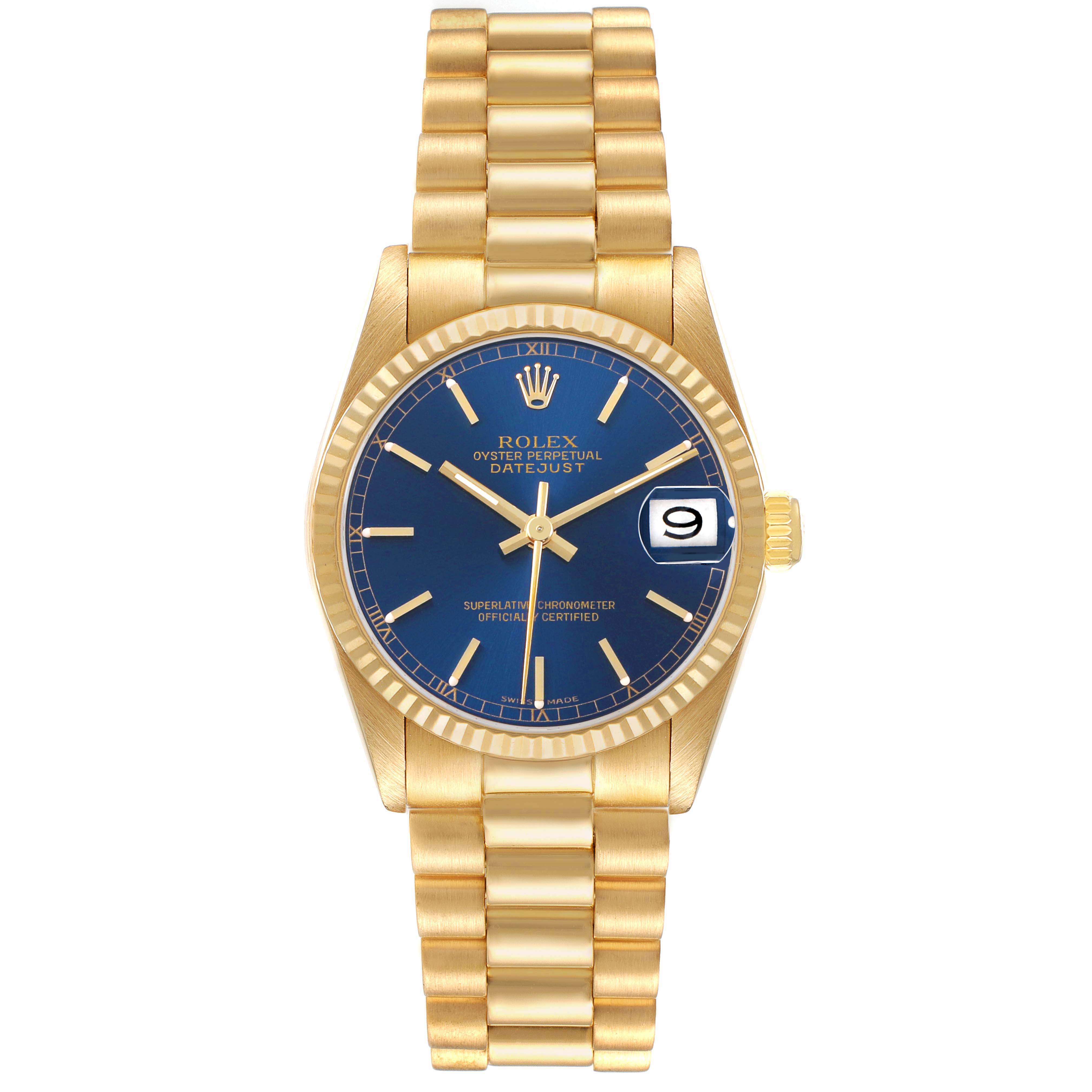 The Rolex President 68278 Women's Yellow Gold Blue Dial watch is shown from a front view, displaying its gold bracelet, blue dial, and date feature.