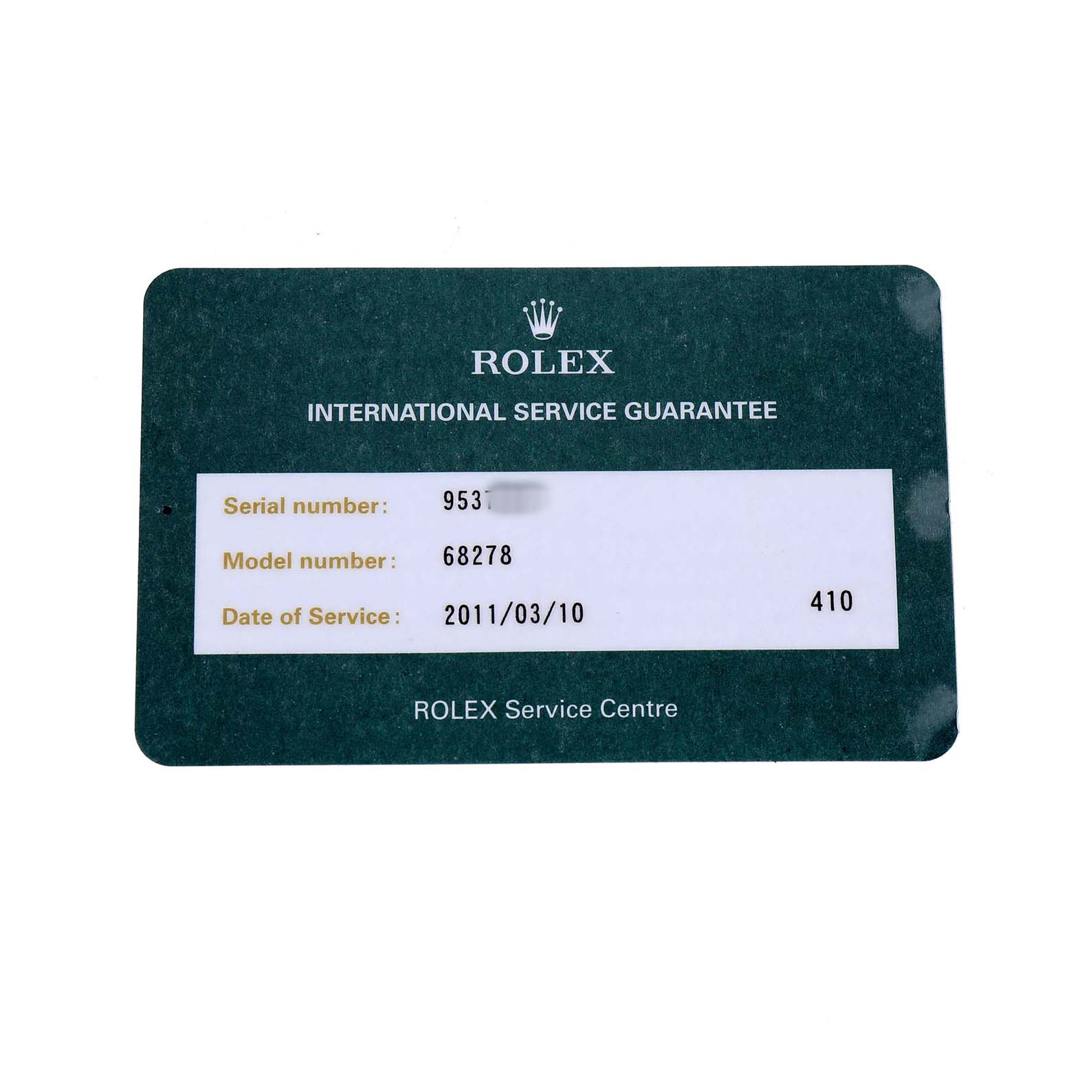 This image shows the Rolex International Service Guarantee card for a Rolex President 68278 Women's Yellow Gold Blue Dial model.