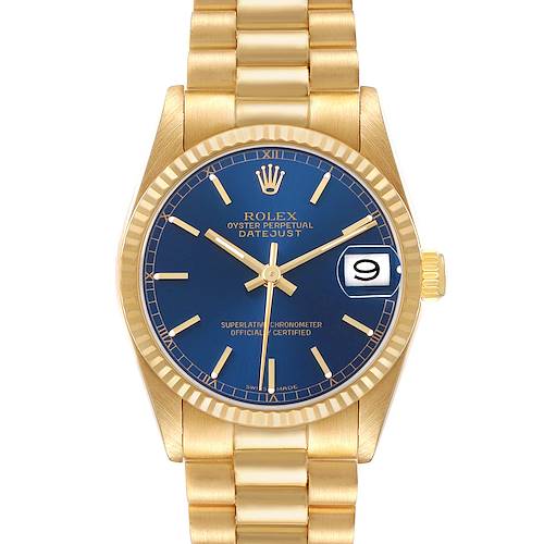 The Rolex President 68278 Women's Yellow Gold Blue Dial model is shown from the front, detailing the blue dial, gold hands, fluted bezel, and bracelet.