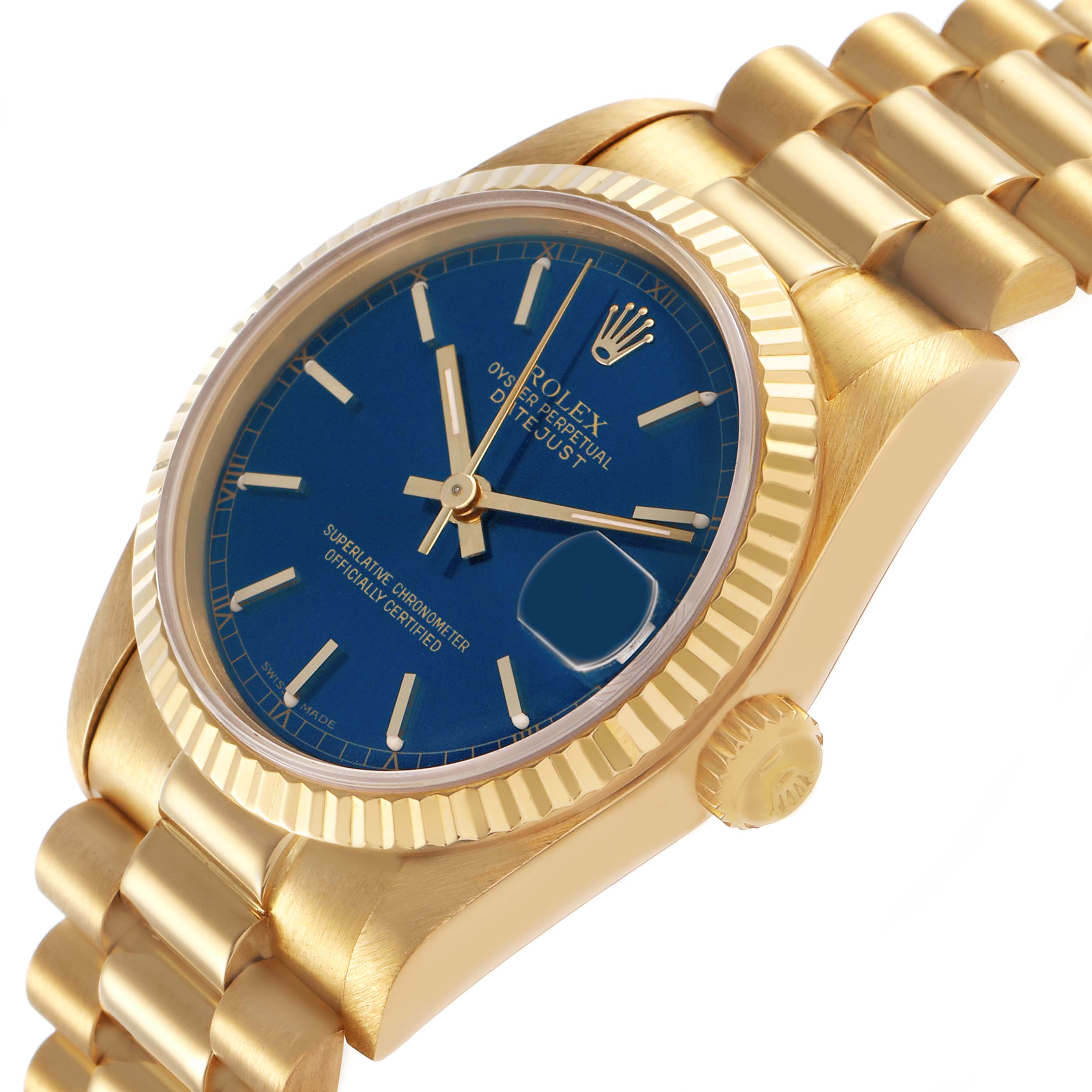 The Rolex President 68278 Women's Yellow Gold Blue Dial model watch is shown at a three-quarter angle, highlighting the blue dial, fluted bezel, and gold bracelet.