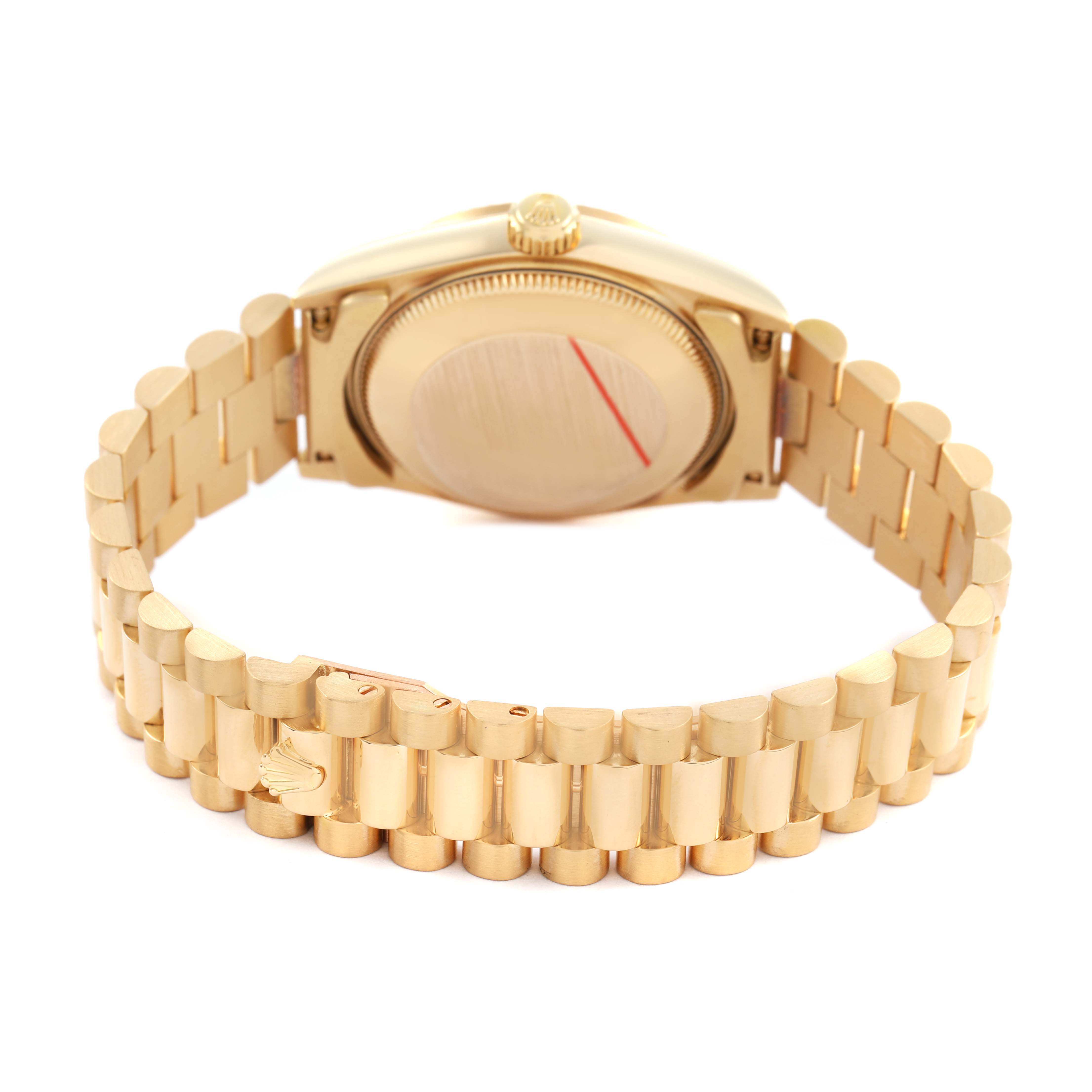 The image shows the back of a Rolex President 68278 Women's Yellow Gold Blue Dial watch, highlighting the case back and bracelet details.