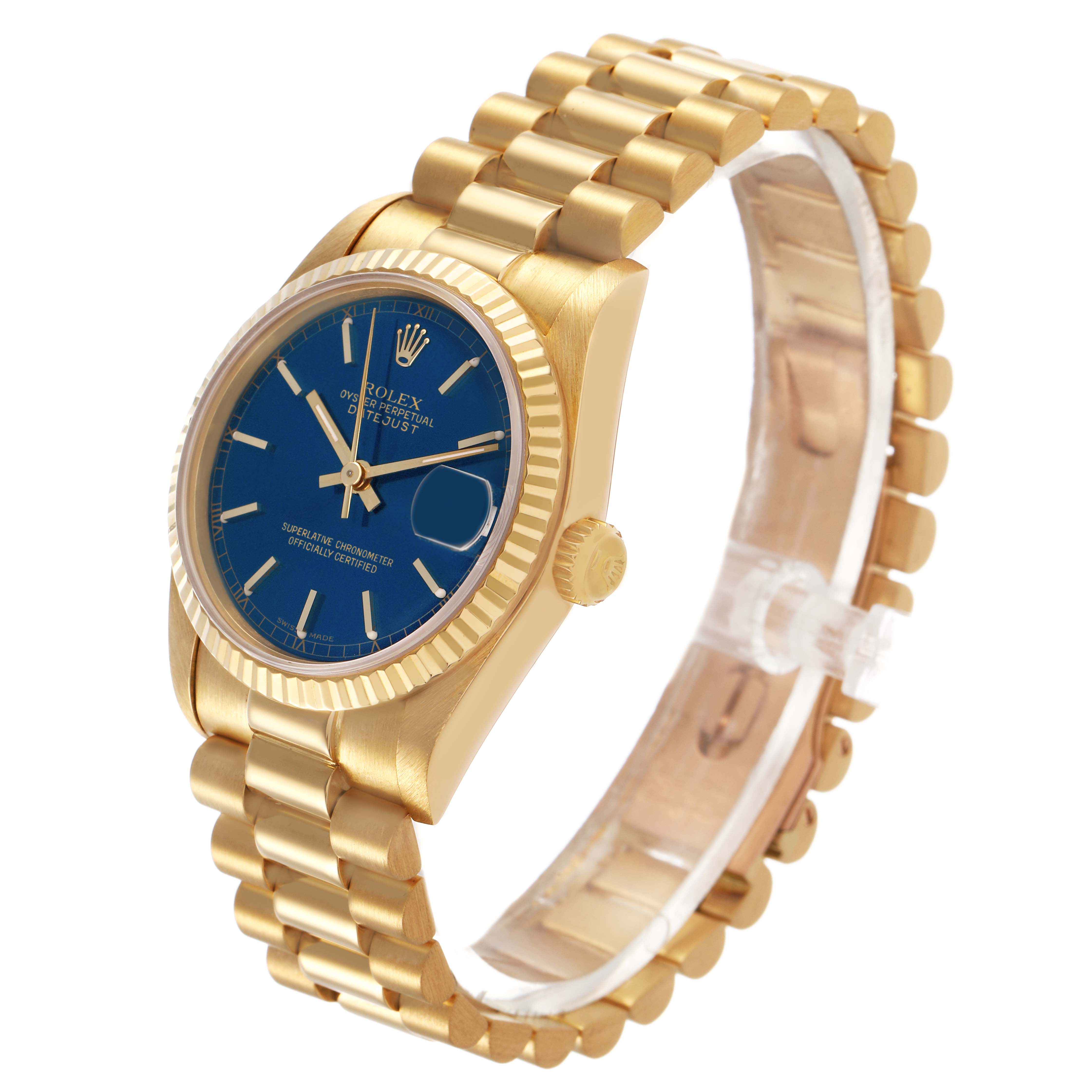 The Rolex President 68278 Women's Yellow Gold Blue Dial watch is shown at a slight angle, displaying its gold case, bracelet, and blue dial with fluted bezel.