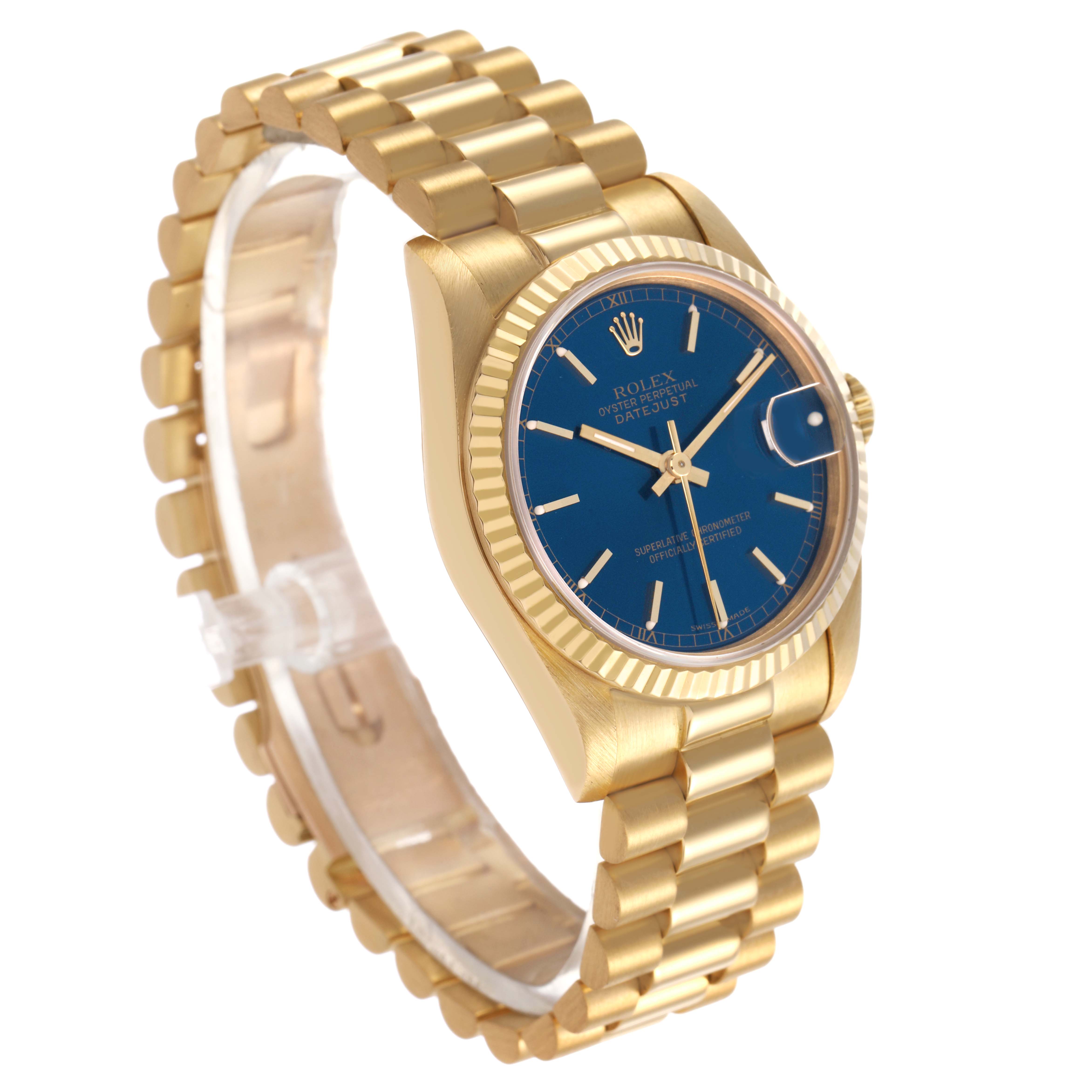 The Rolex President 68278 Women's Yellow Gold Blue Dial watch is angled to show the bracelet, crown, case, and blue dial with gold hour markers.