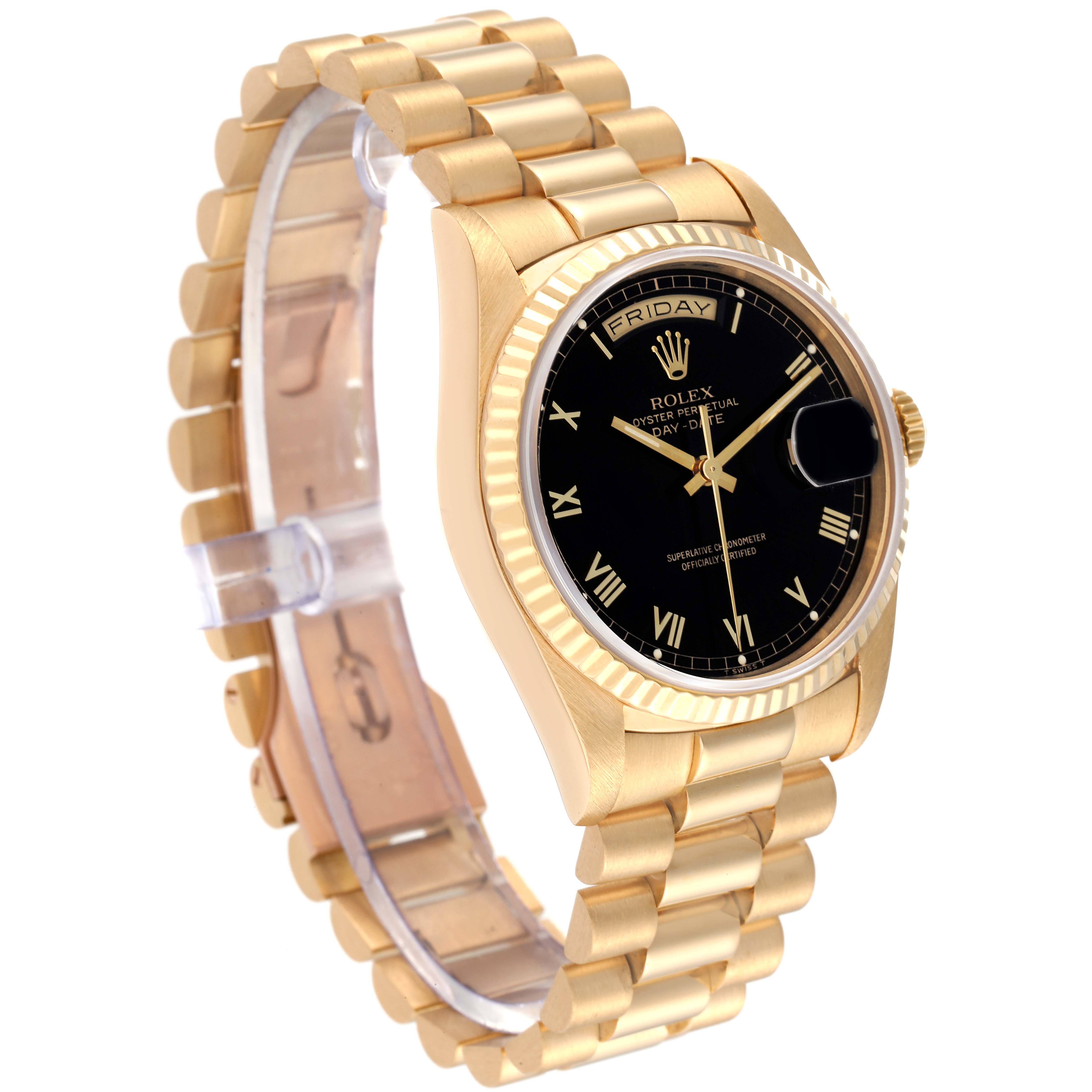 The image shows a Rolex President 18238 Men's Yellow Gold Black Dial 18238 Men's Yellow Gold Black Dial model watch at a slight angle, highlighting its gold bracelet, black dial, and fluted bezel.