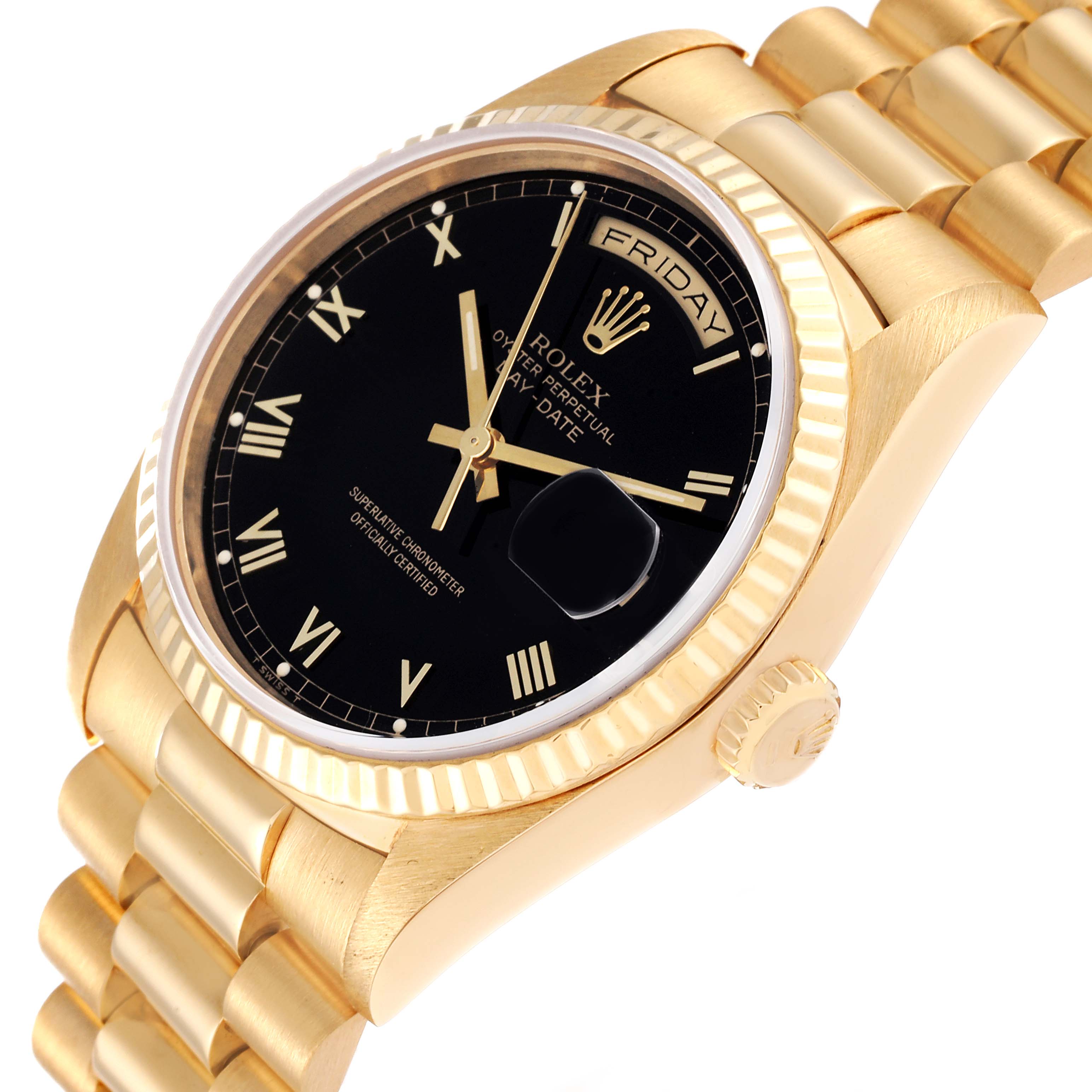 The image shows a gold Rolex President 18238 Men's Yellow Gold Black Dial 18238 Men's Yellow Gold Black Dial model watch angled to display its black dial, fluted bezel, and part of the bracelet.