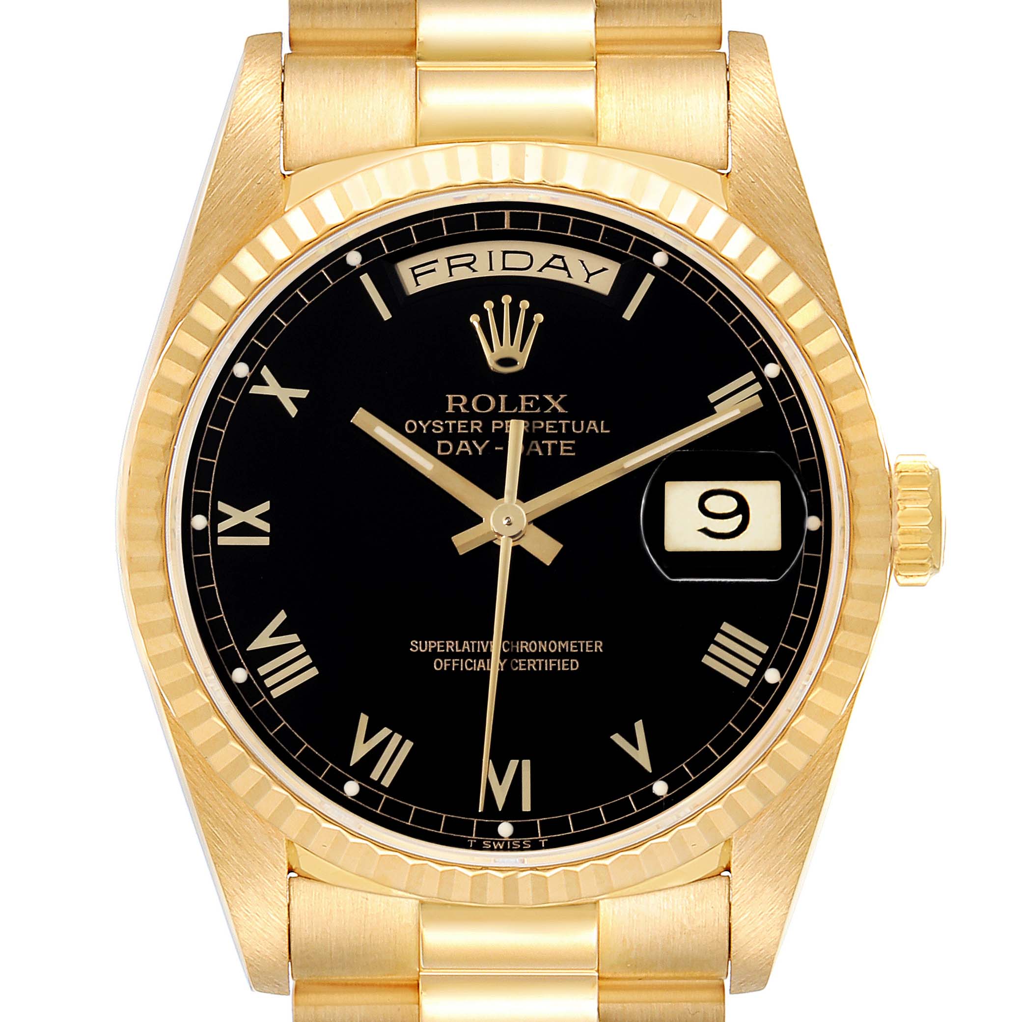 The image shows a frontal view of a Rolex President 18238 Men's Yellow Gold Black Dial 18238 Men's Yellow Gold Black Dial model watch, displaying the dial, day, date windows, and part of the bracelet.