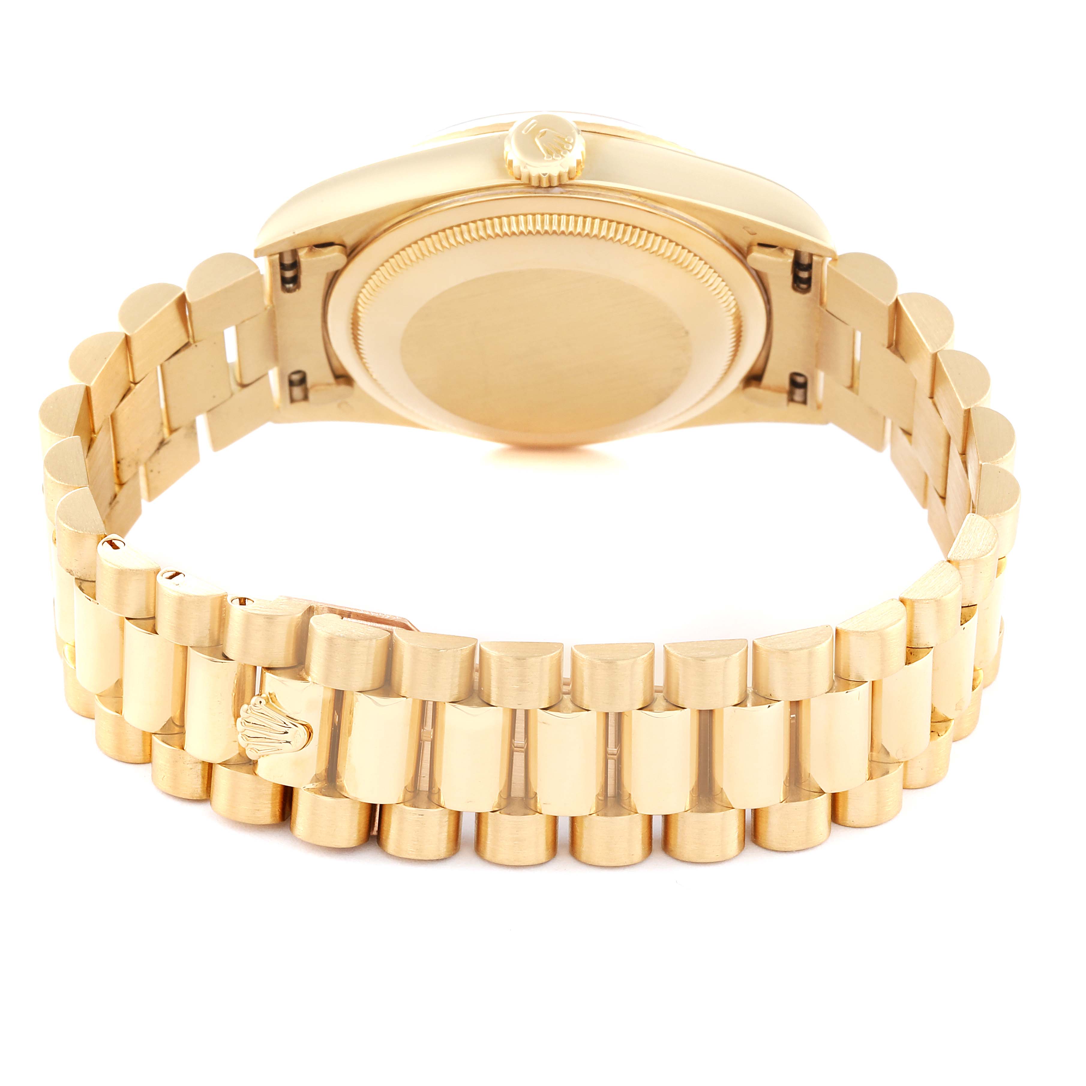 The image shows the back side and bracelet of a Rolex President 18238 Men's Yellow Gold Black Dial 18238 Men's Yellow Gold Black Dial model watch.