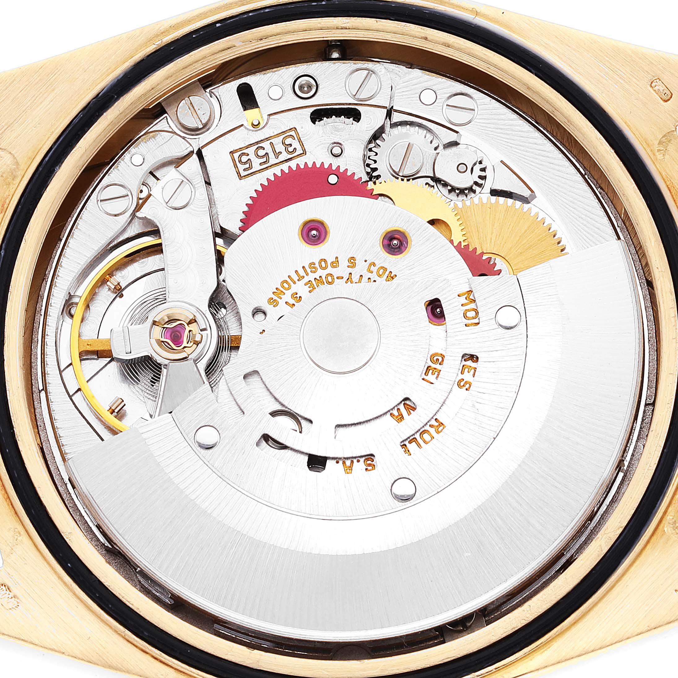 The image shows the internal mechanical movement of a Rolex President 18238 Men's Yellow Gold Black Dial 18238 Men's Yellow Gold Black Dial model watch, viewed from the back.