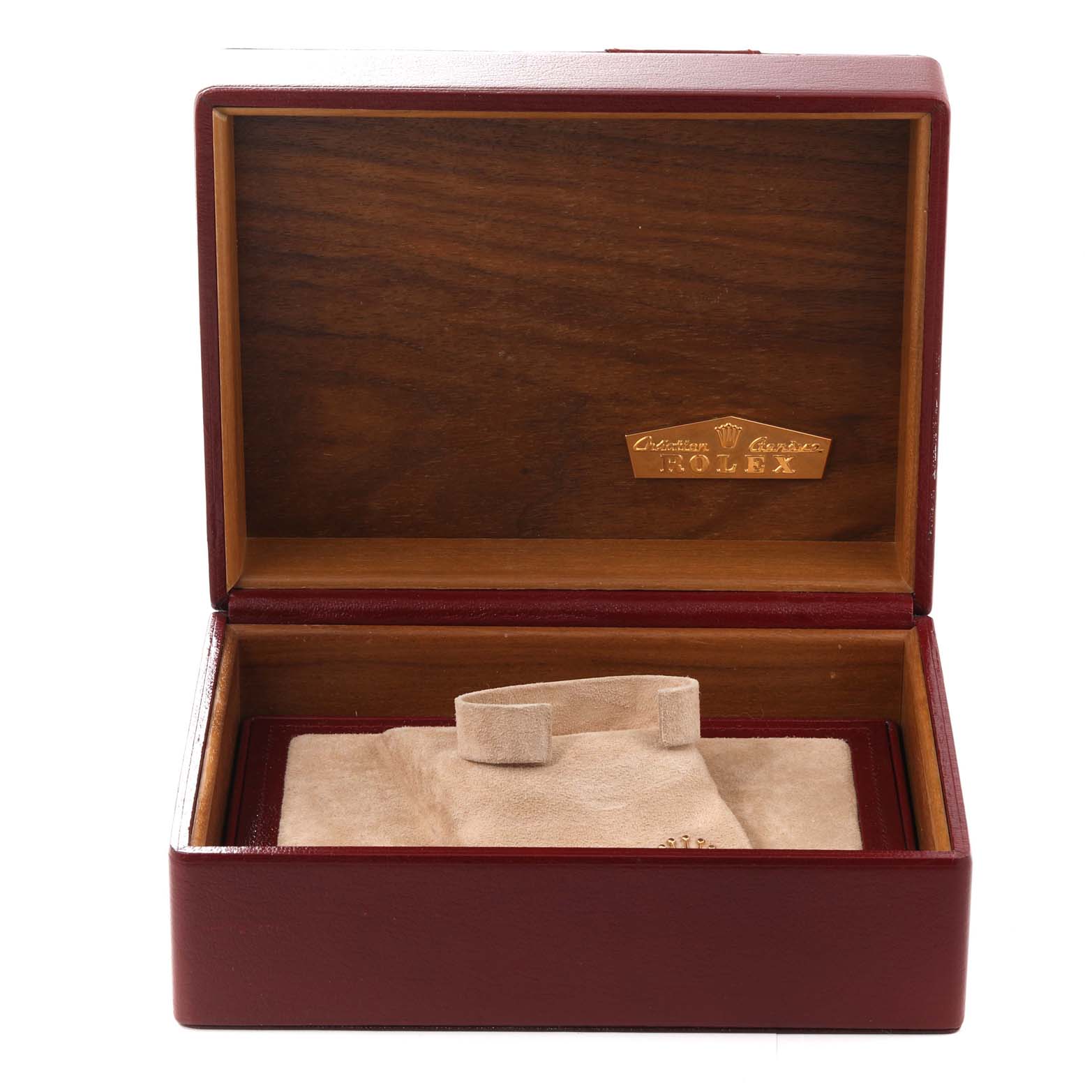 The image shows an open wooden presentation box for the Rolex President 18238 Men's Yellow Gold Black Dial 18238 Men's Yellow Gold Black Dial model watch, with a beige cushion inside.