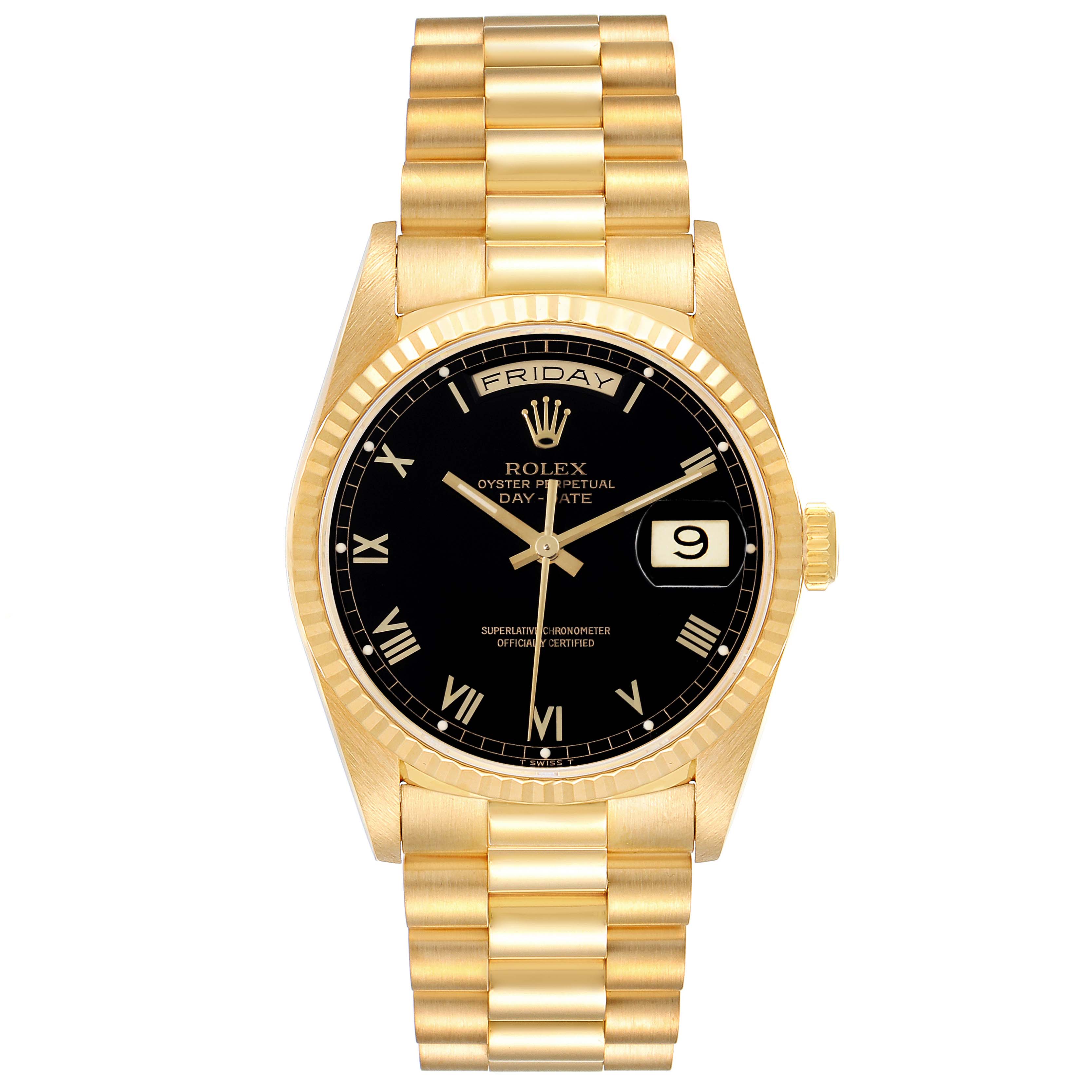 This image shows a front view of a Rolex President 18238 Men's Yellow Gold Black Dial 18238 Men's Yellow Gold Black Dial model watch, displaying its face, bezel, crown, and bracelet.