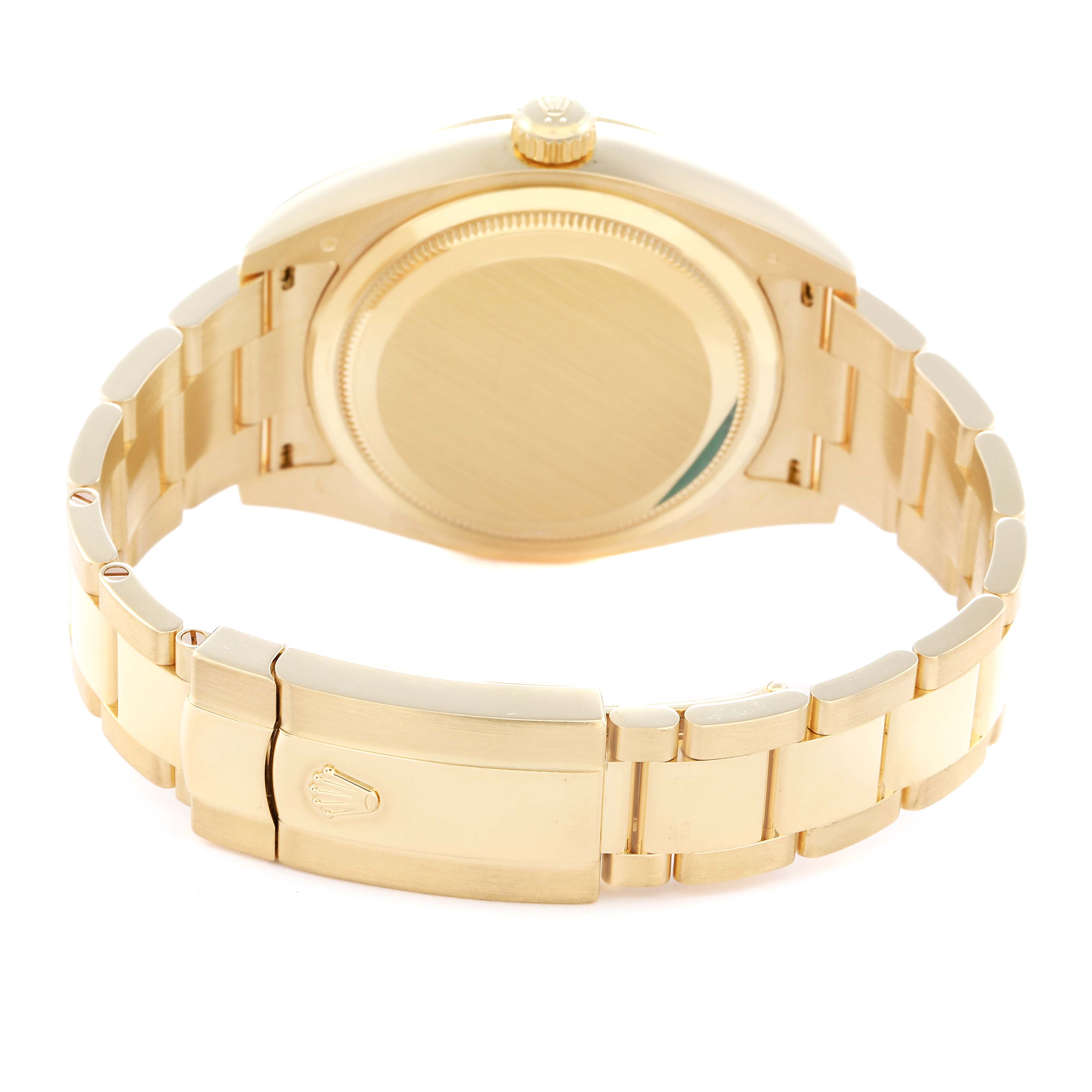 The image shows the back view of the Rolex Sky-Dweller 326938 Men
s Yellow Gold Silver Dial 326938 Men
s Yellow Gold Silver Dial, highlighting the case back, bracelet, and clasp.