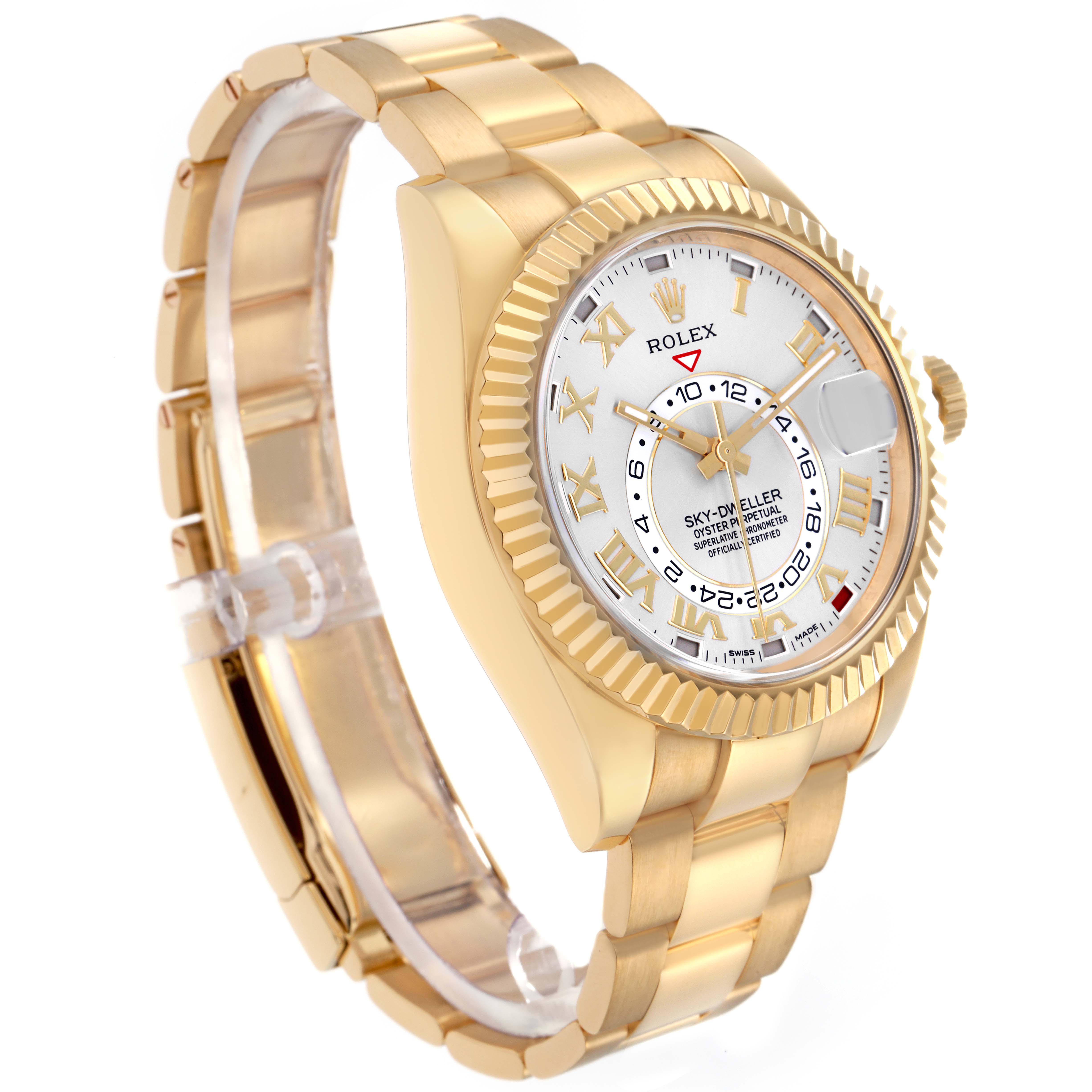 The Rolex Sky-Dweller 326938 Men
s Yellow Gold Silver Dial 326938 Men
s Yellow Gold Silver Dial watch is shown at a slight side angle, displaying its face, bezel, and bracelet.