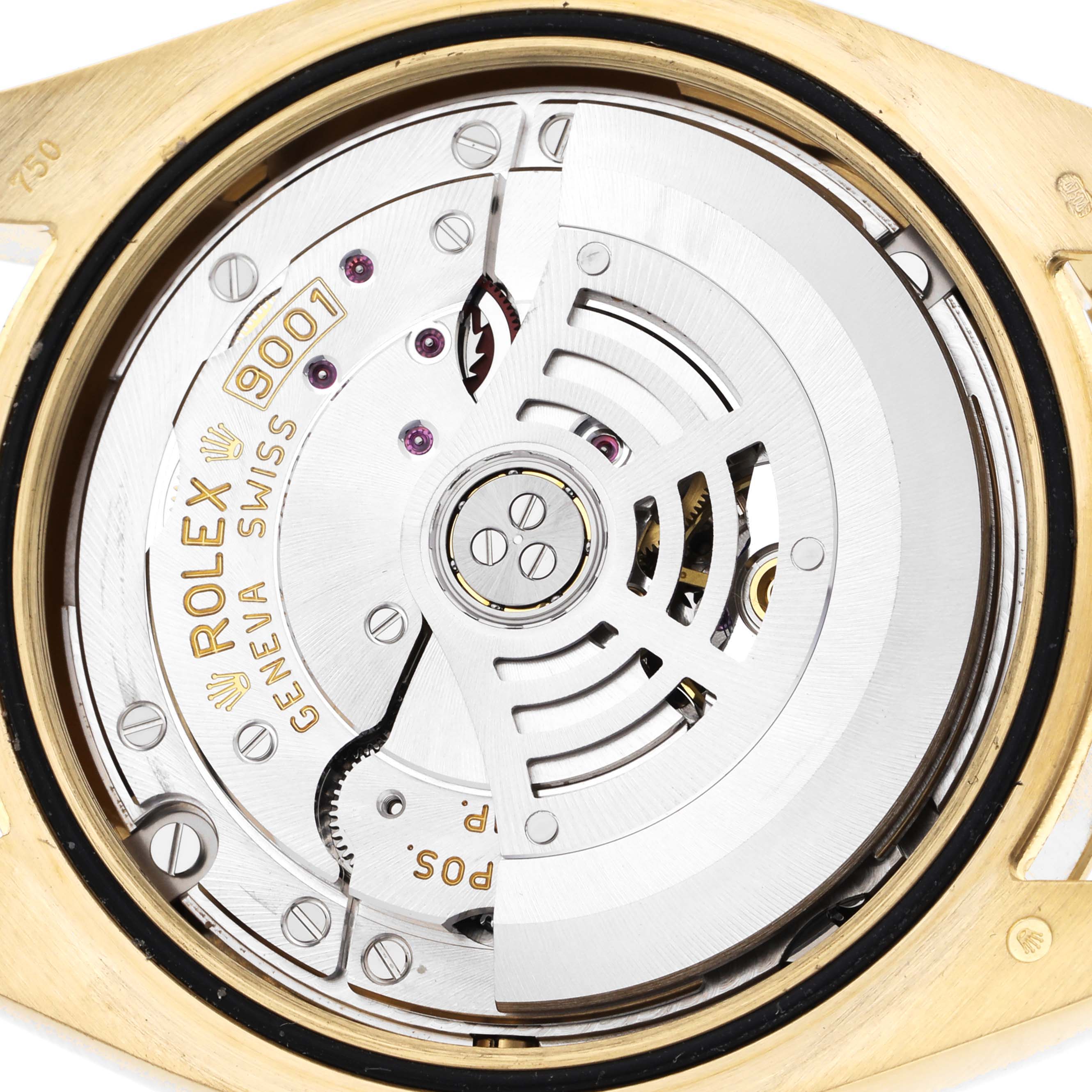 The image shows the back view of a Rolex Sky-Dweller 326938 Men
s Yellow Gold Silver Dial 326938 Men
s Yellow Gold Silver Dial watch, focusing on its intricate movement and rotor.