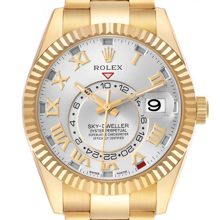 The image shows a frontal view of the Rolex Sky-Dweller, highlighting the dial, bezel, crown, and bracelet.