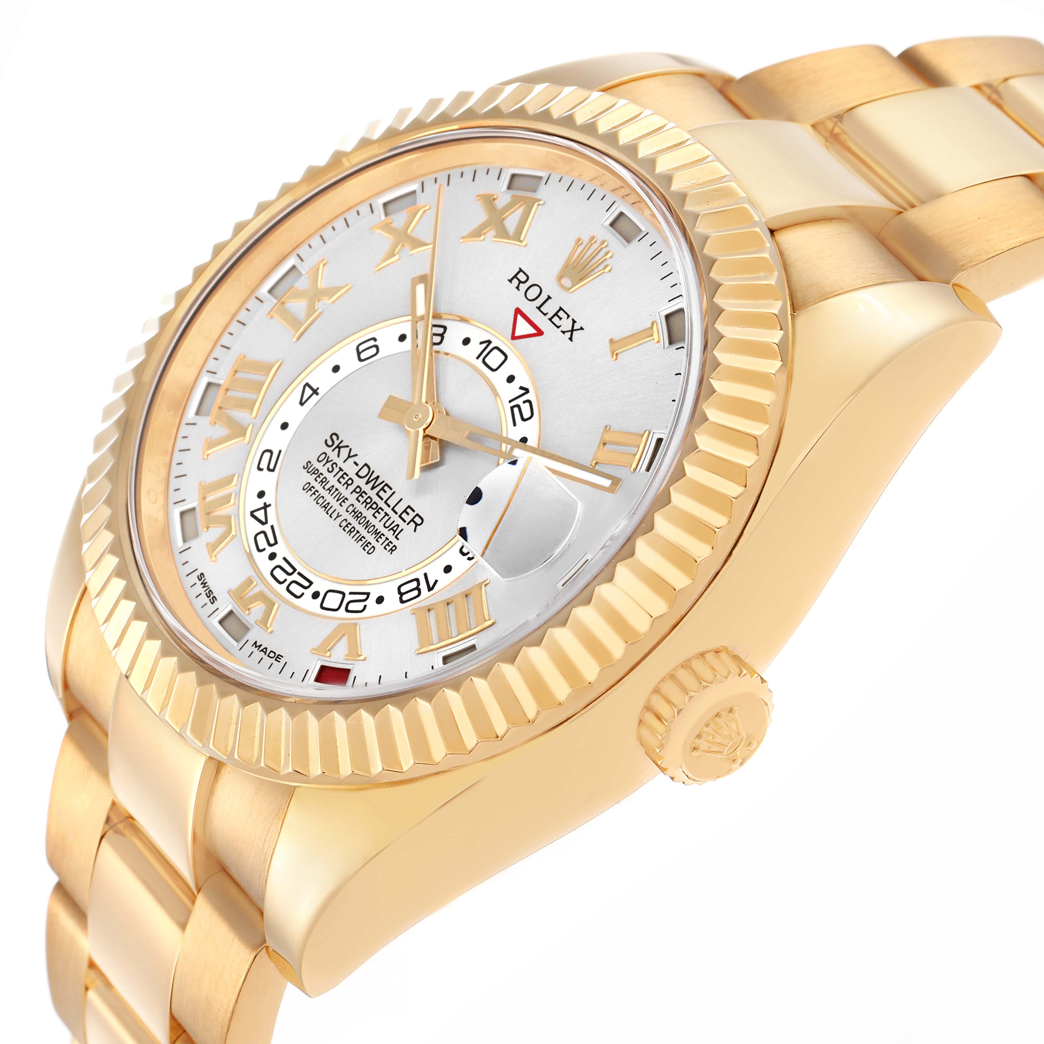 The image shows a Rolex Sky-Dweller 326938 Men
s Yellow Gold Silver Dial 326938 Men
s Yellow Gold Silver Dial watch at an angled side view, highlighting the face, bezel, and crown.