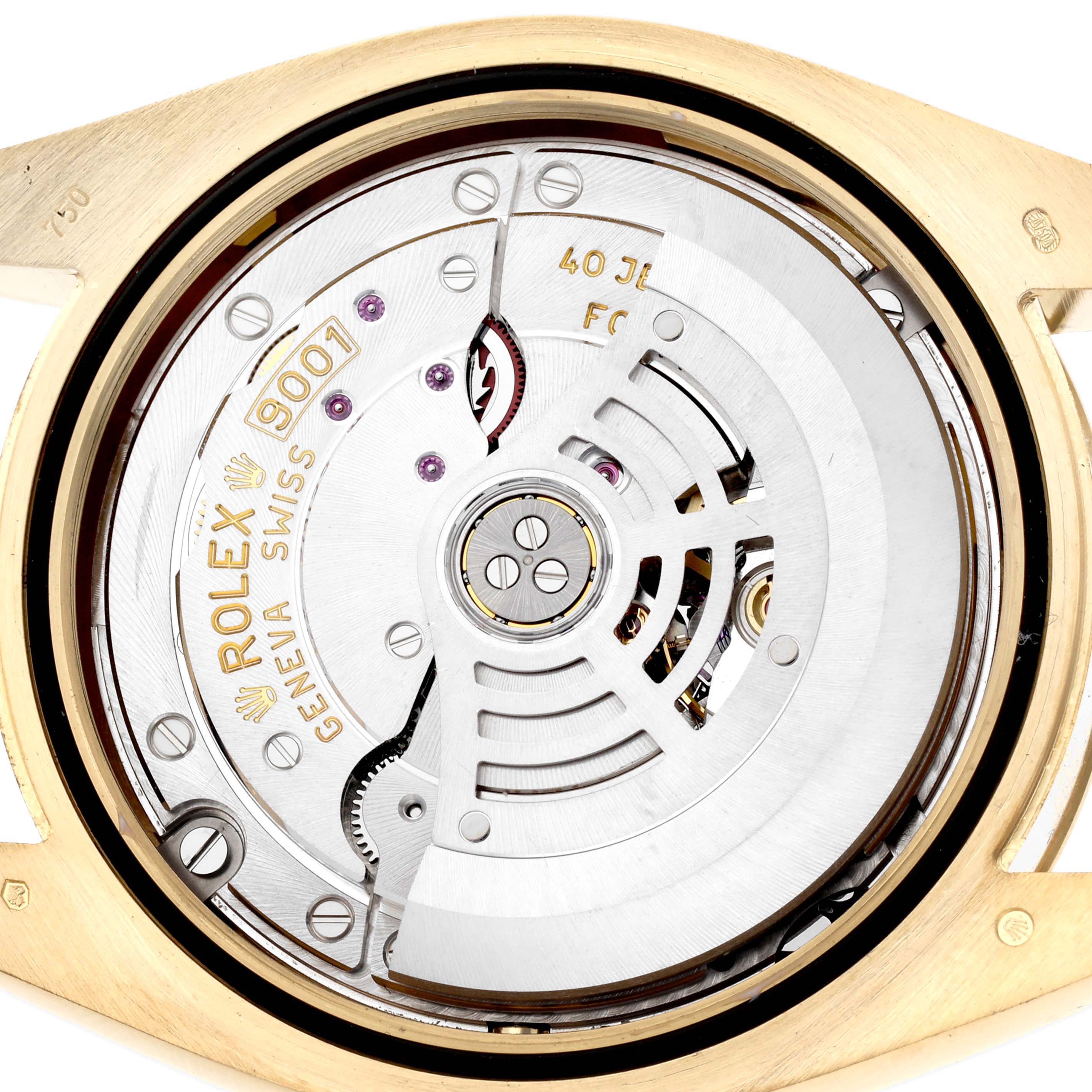 The image shows the back view of a Rolex Sky-Dweller 326938 Men
s Yellow Gold White Dial 326938 Men
s Yellow Gold White Dial, highlighting its movement and rotor.