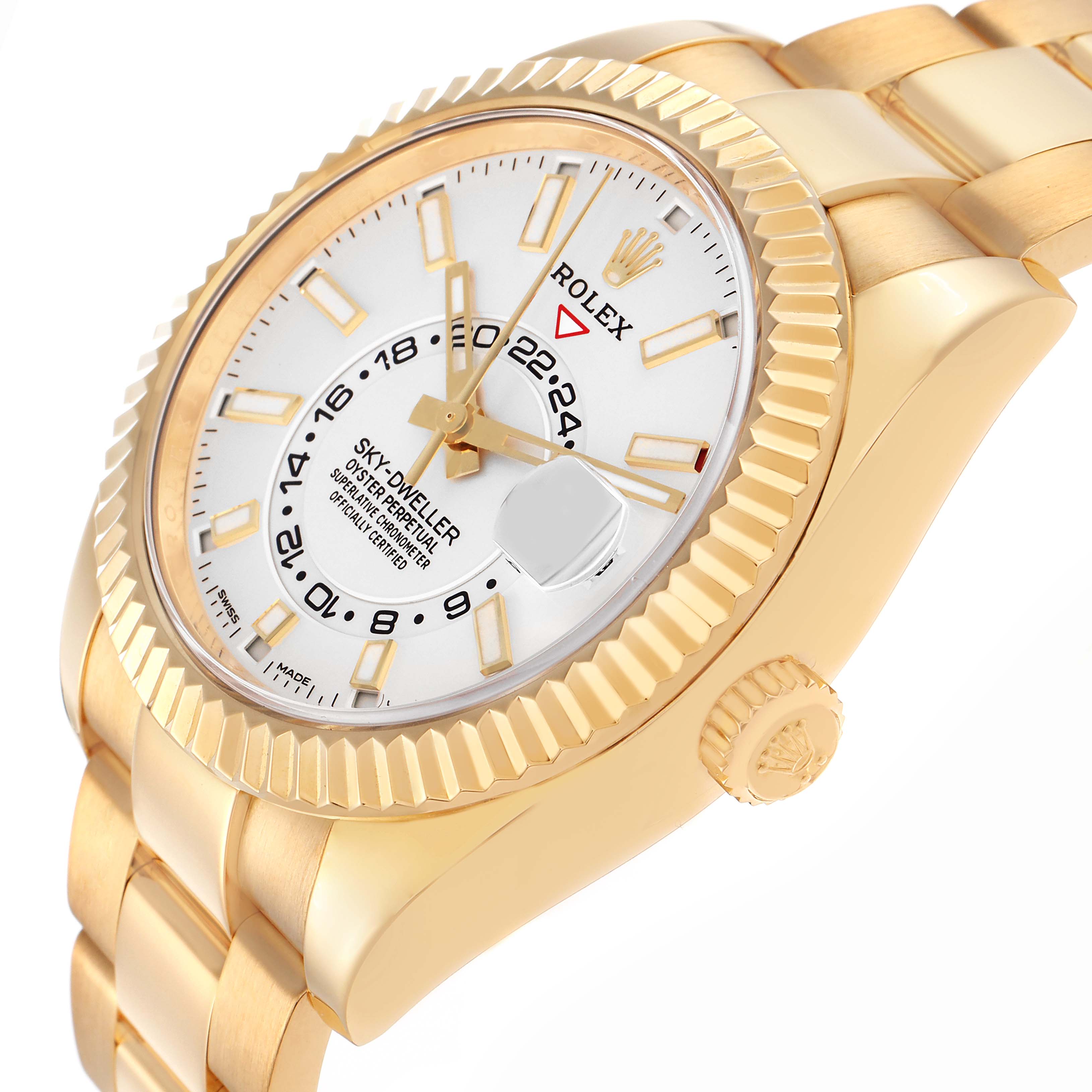 The Rolex Sky-Dweller 326938 Men
s Yellow Gold White Dial 326938 Men
s Yellow Gold White Dial watch is shown at an angled view, highlighting the dial, bezel, crown, and part of the bracelet.