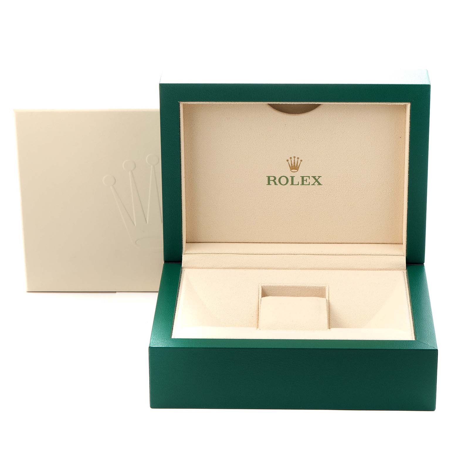 The image shows an open Rolex Sky-Dweller 326938 Men
s Yellow Gold White Dial 326938 Men
s Yellow Gold White Dial watch box, viewed from the front, with the interior and logo visible.