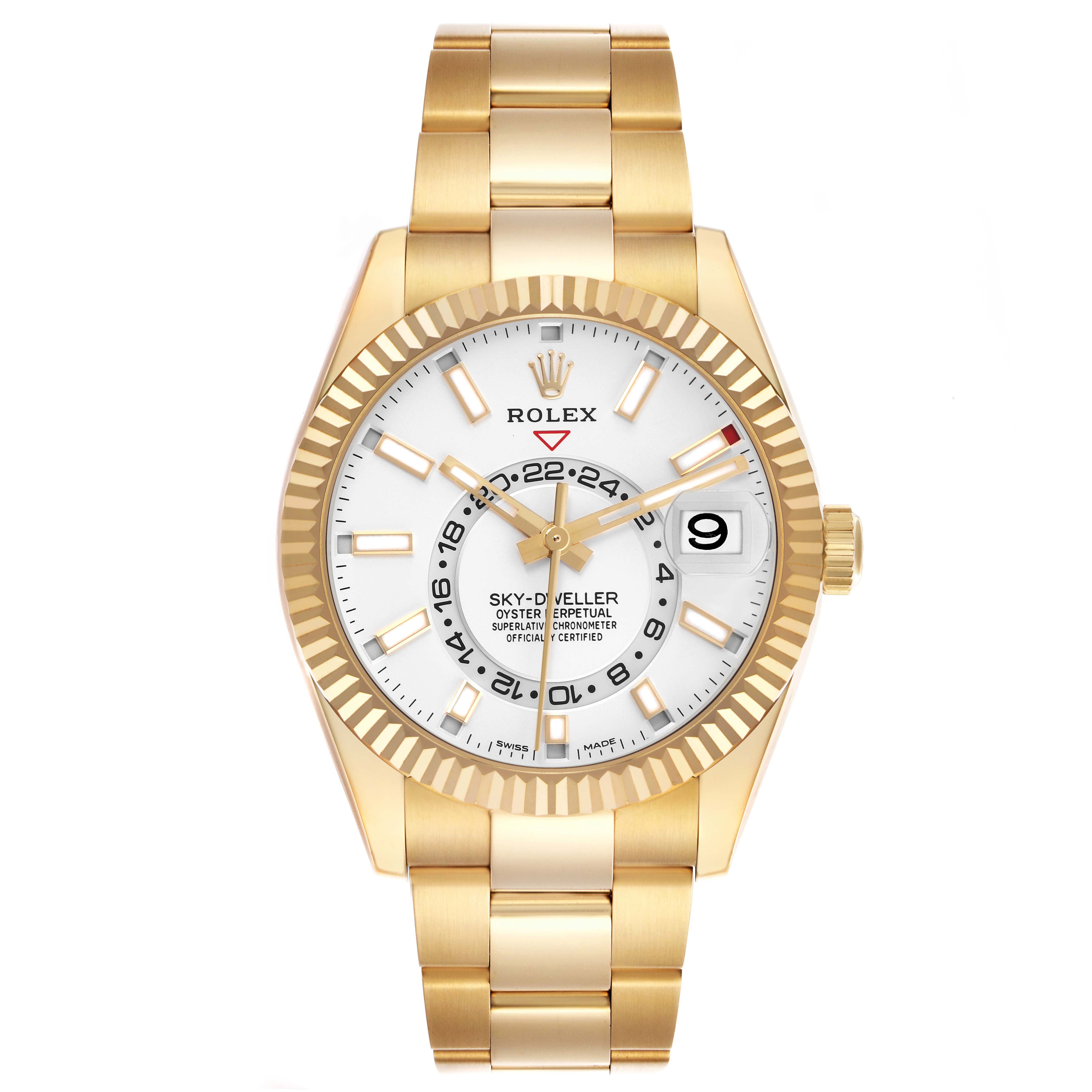 The image shows a front view of a Rolex Sky-Dweller 326938 Men
s Yellow Gold White Dial 326938 Men
s Yellow Gold White Dial with a gold bracelet and white dial.