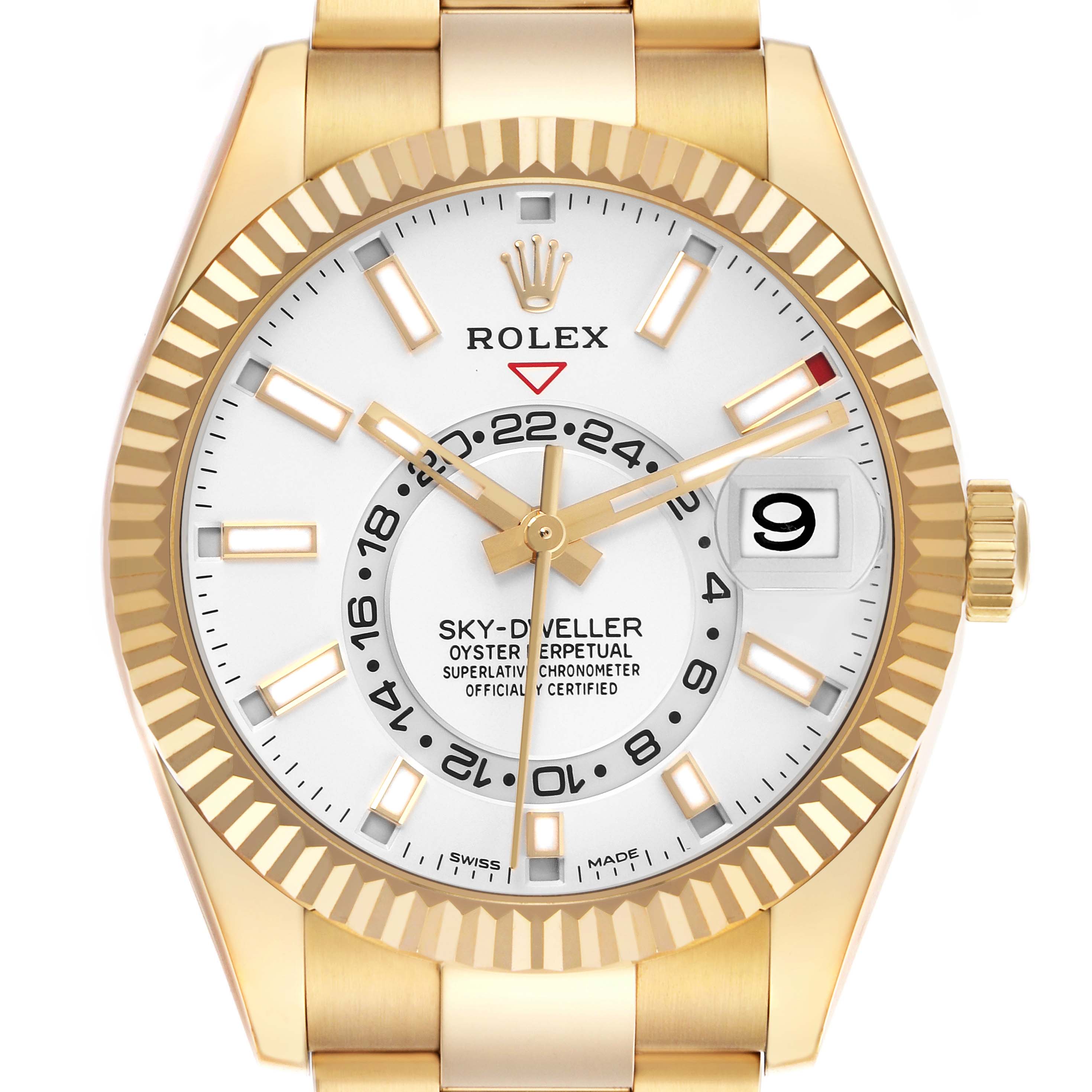 The Rolex Sky-Dweller 326938 Men
s Yellow Gold White Dial 326938 Men
s Yellow Gold White Dial watch is shown from a top-down angle, highlighting the bezel, dial, hands, and part of the bracelet.