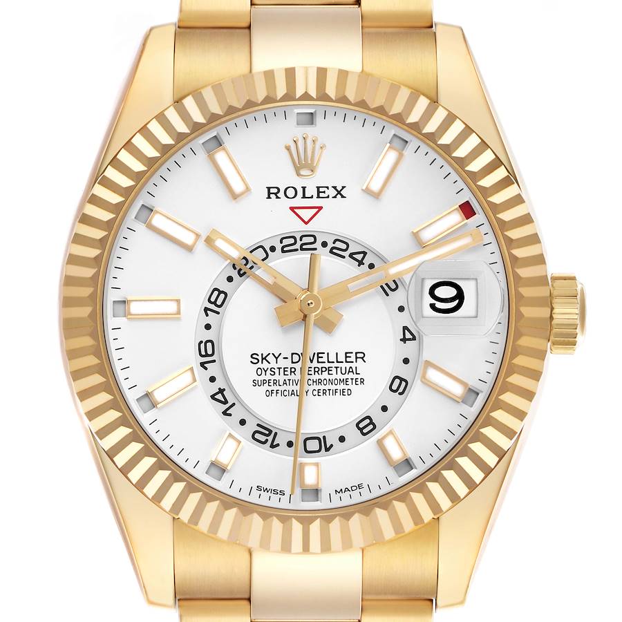 The Rolex Sky-Dweller watch is shown from a top-down angle, highlighting the bezel, dial, hands, and part of the bracelet.