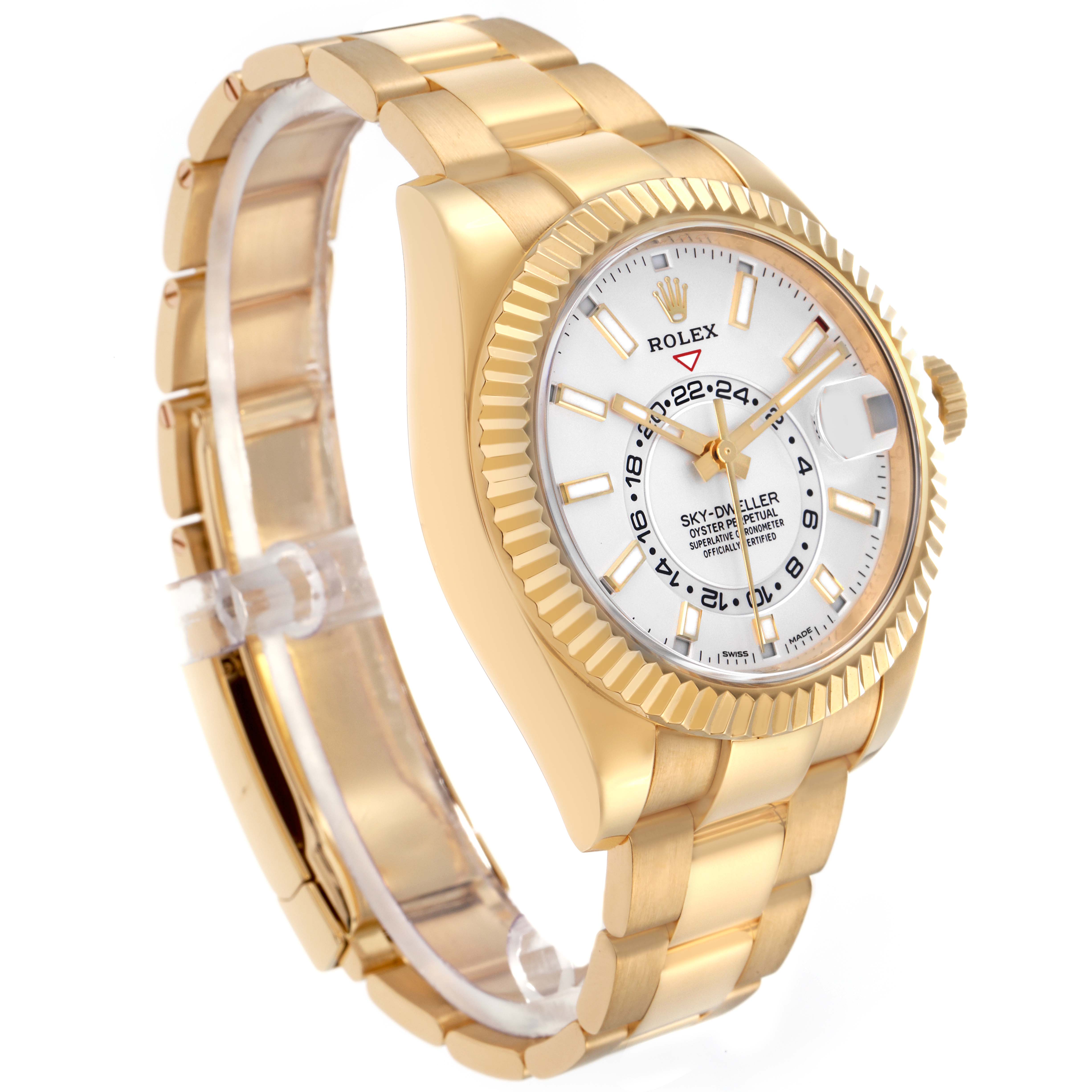 The Rolex Sky-Dweller 326938 Men
s Yellow Gold White Dial 326938 Men
s Yellow Gold White Dial is shown at a three-quarter angle, highlighting the bezel, dial, and bracelet.