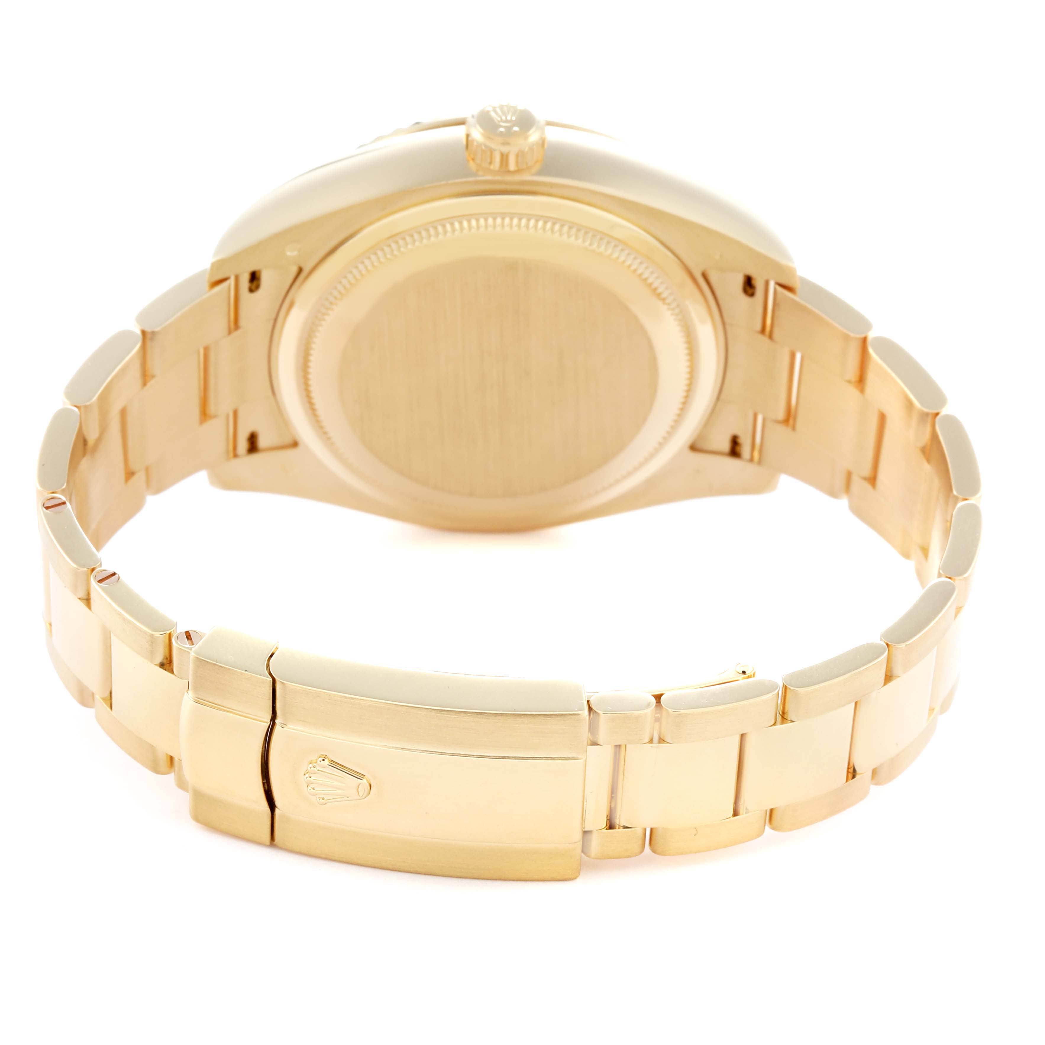 The image shows the back of a gold Rolex Sky-Dweller 326938 Men
s Yellow Gold White Dial 326938 Men
s Yellow Gold White Dial, highlighting the case back and bracelet clasp.