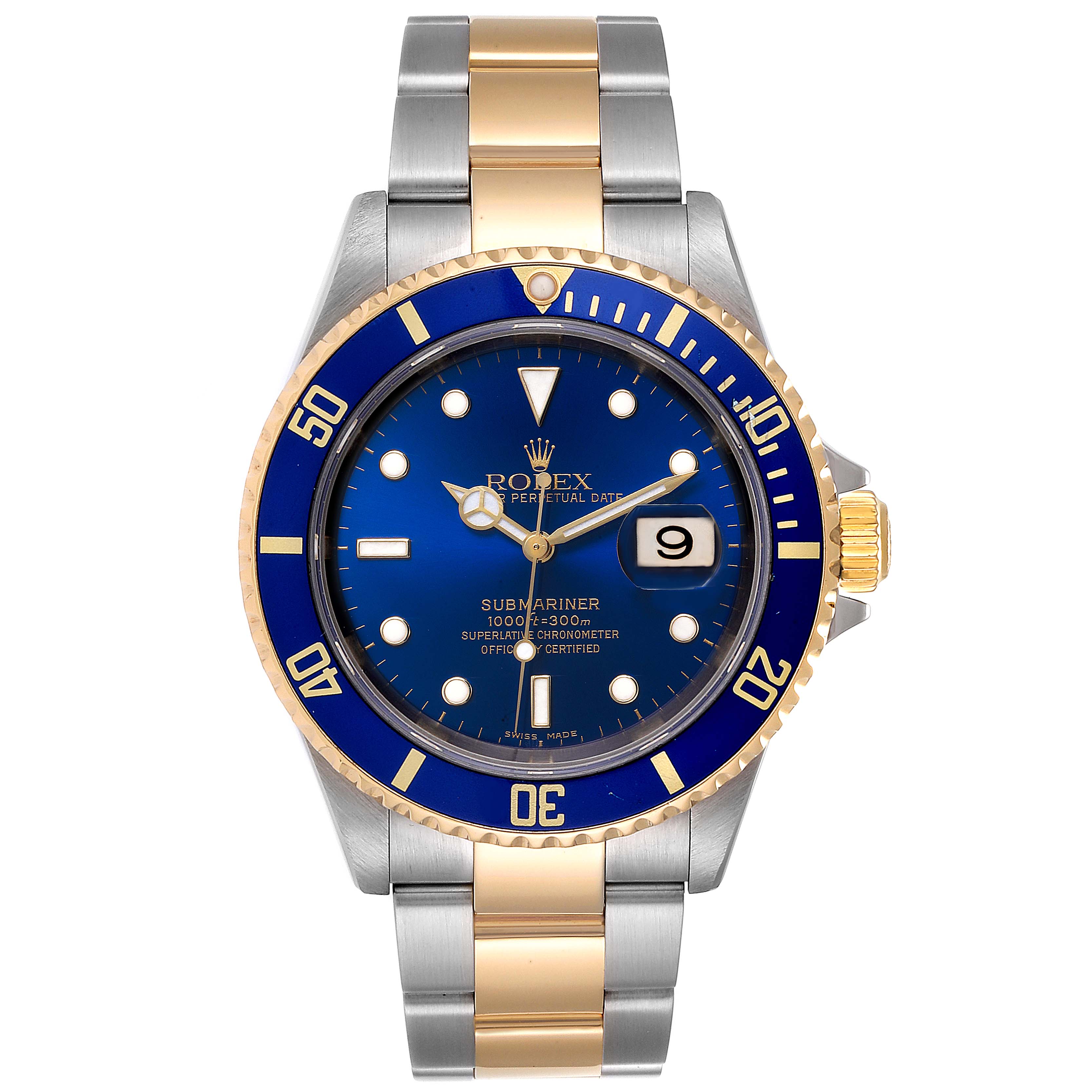 The Rolex Submariner 16613 Men
s Steel and Gold (two tone) Blue Dial 16613 Men
s Steel and Gold (two tone) Blue Dial watch is shown from the front, displaying the blue dial, bezel, and gold and silver bracelet.