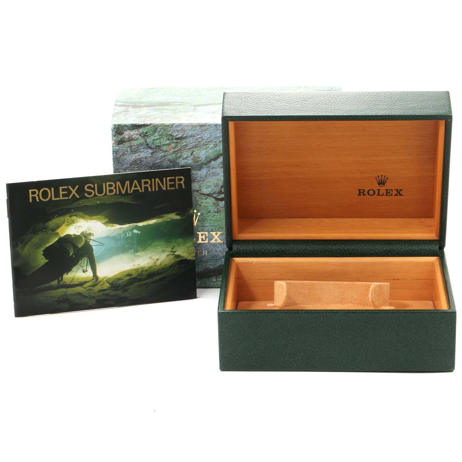 This image shows the open box and booklet for a Rolex Submariner 16613 Men
s Steel and Gold (two tone) Blue Dial 16613 Men
s Steel and Gold (two tone) Blue Dial watch, with the watch not present.