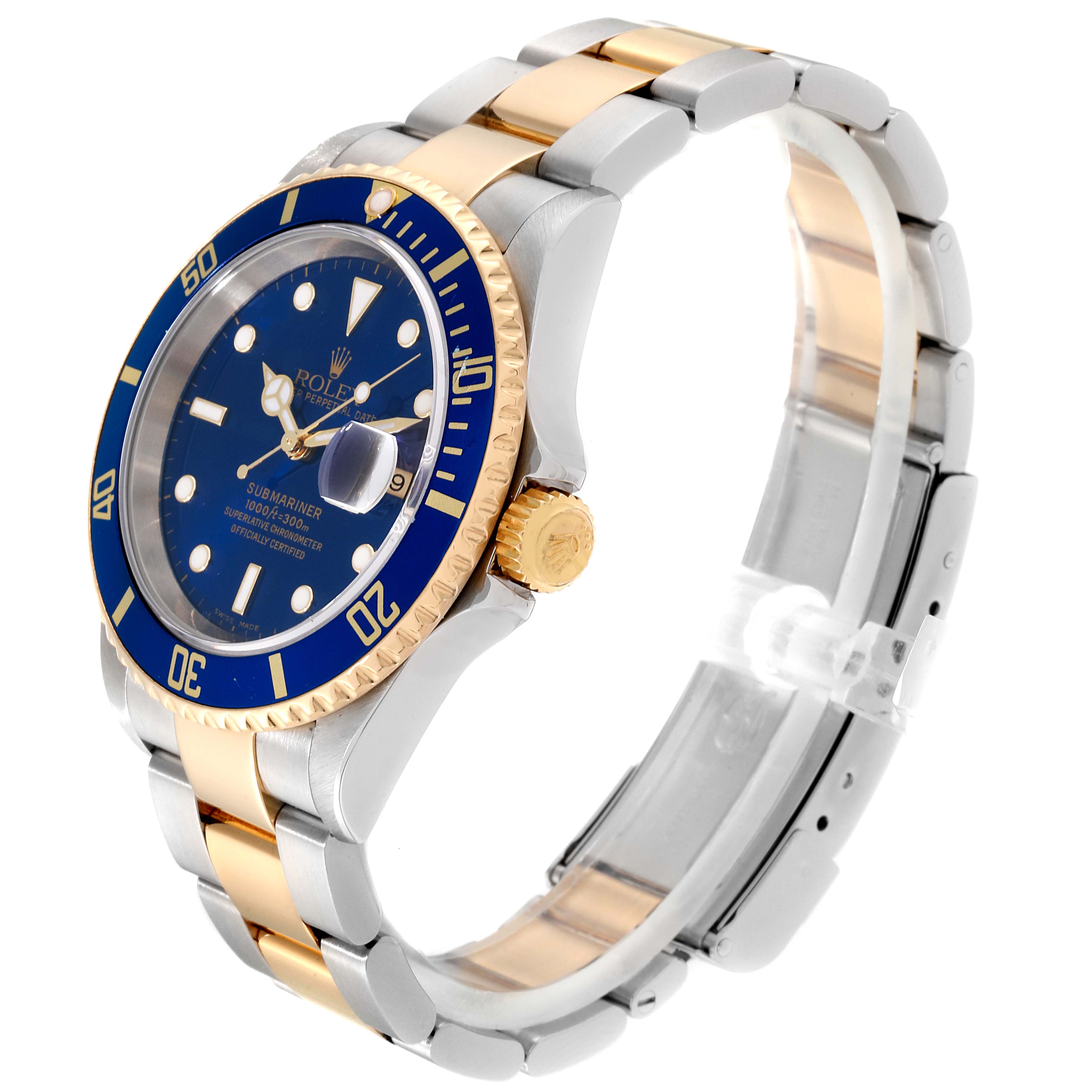 The image shows a side angle view of the Rolex Submariner 16613 Men
s Steel and Gold (two tone) Blue Dial 16613 Men
s Steel and Gold (two tone) Blue Dial watch, highlighting its blue dial, bezel, crown, and two-tone bracelet.