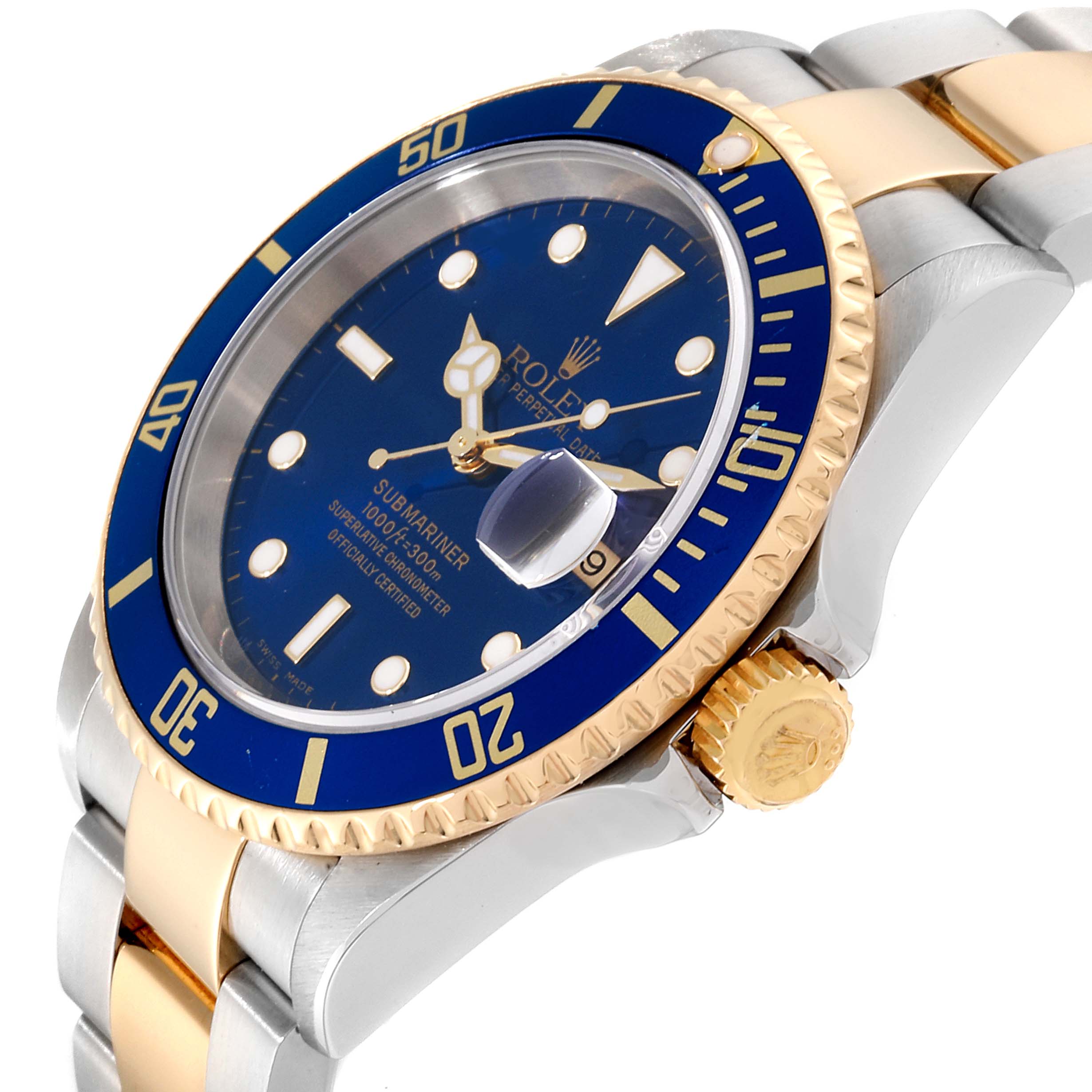 This image shows a Rolex Submariner 16613 Men
s Steel and Gold (two tone) Blue Dial 16613 Men
s Steel and Gold (two tone) Blue Dial watch at a high-angle view, highlighting the blue dial, bezel, and part of the two-tone bracelet.
