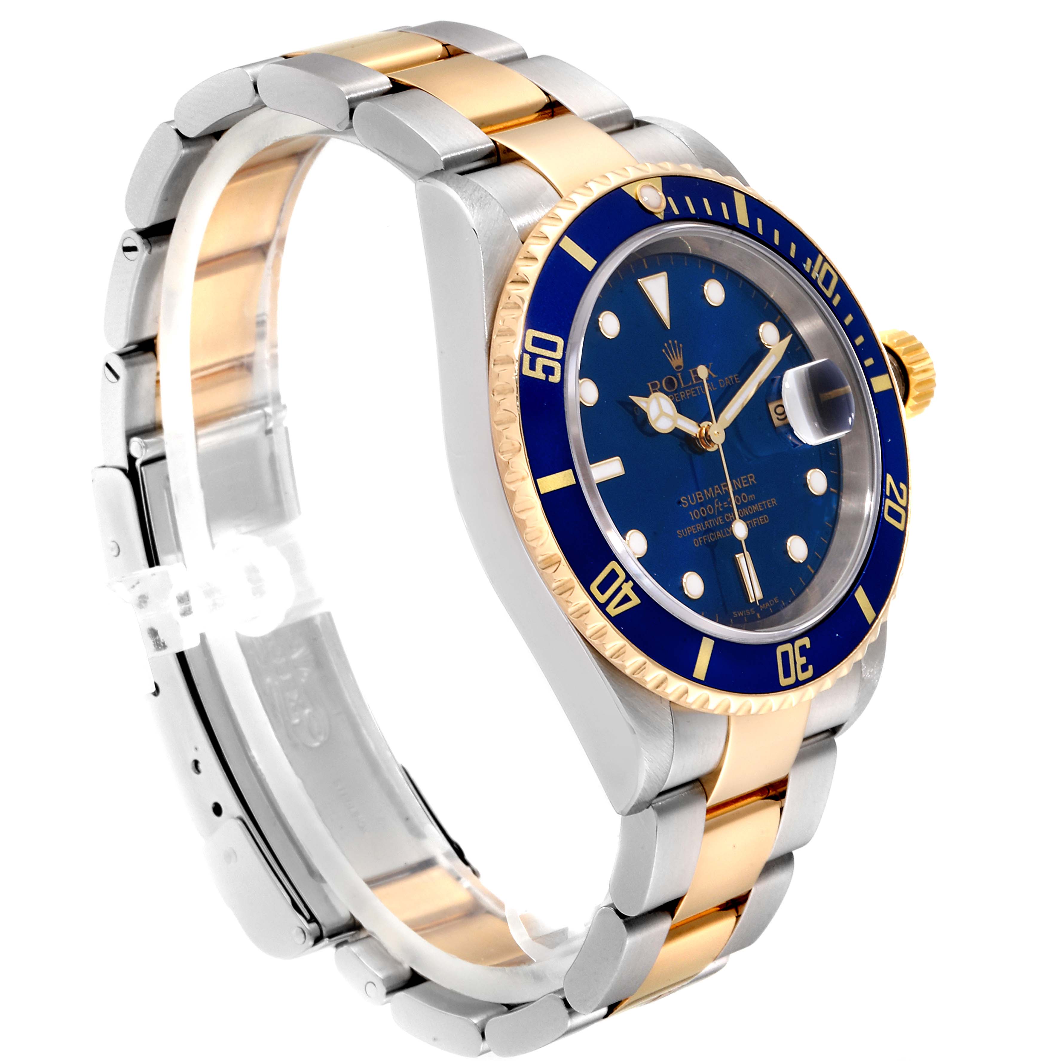 The image shows a side angle of a Rolex Submariner 16613 Men
s Steel and Gold (two tone) Blue Dial 16613 Men
s Steel and Gold (two tone) Blue Dial watch, highlighting its blue dial, bezel, and two-tone stainless steel and gold bracelet.