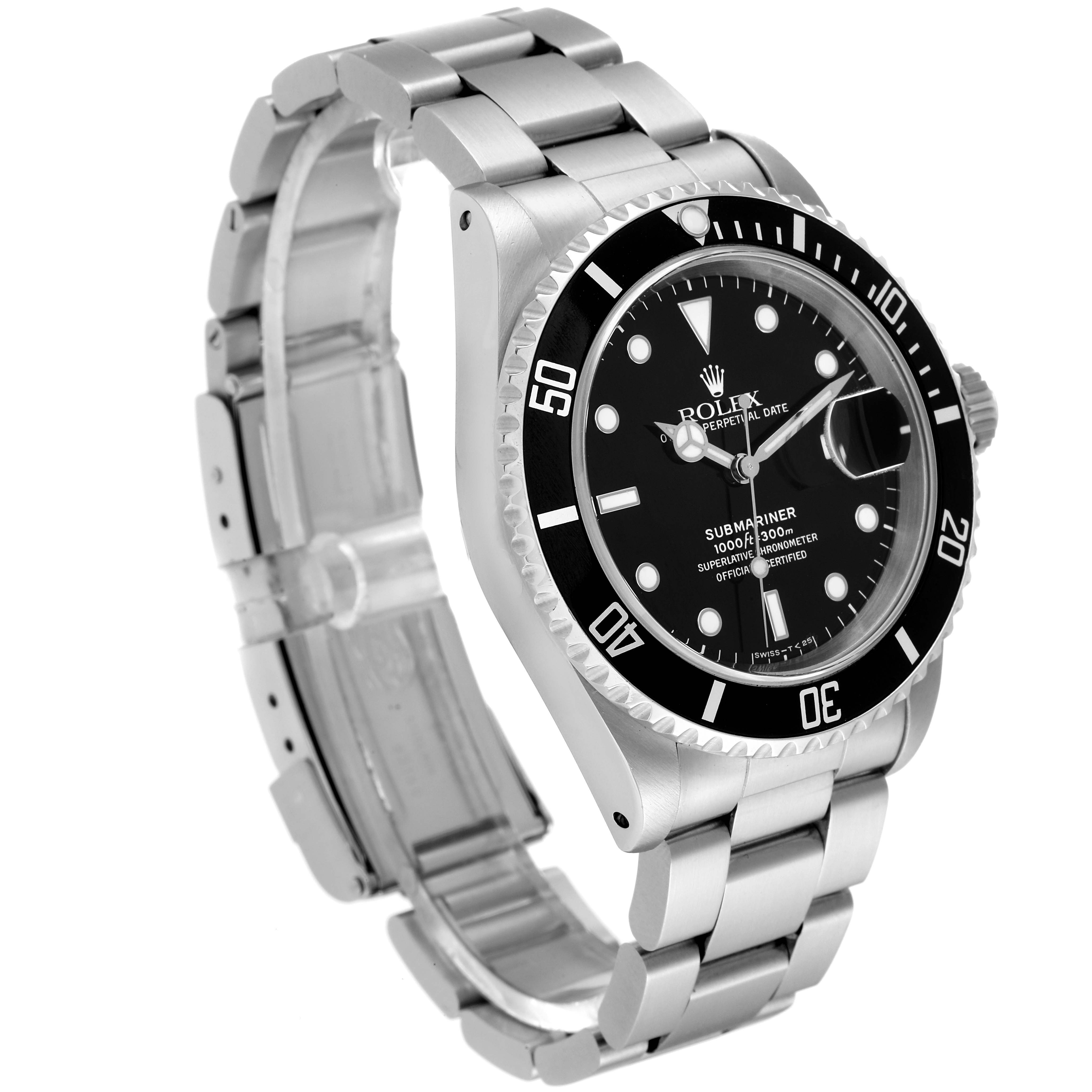 The image shows a Rolex Submariner 16610 Men
s Stainless Steel Black Dial 16610 Men
s Stainless Steel Black Dial watch at an angle displaying its black bezel, black dial, bracelet, and side profile.