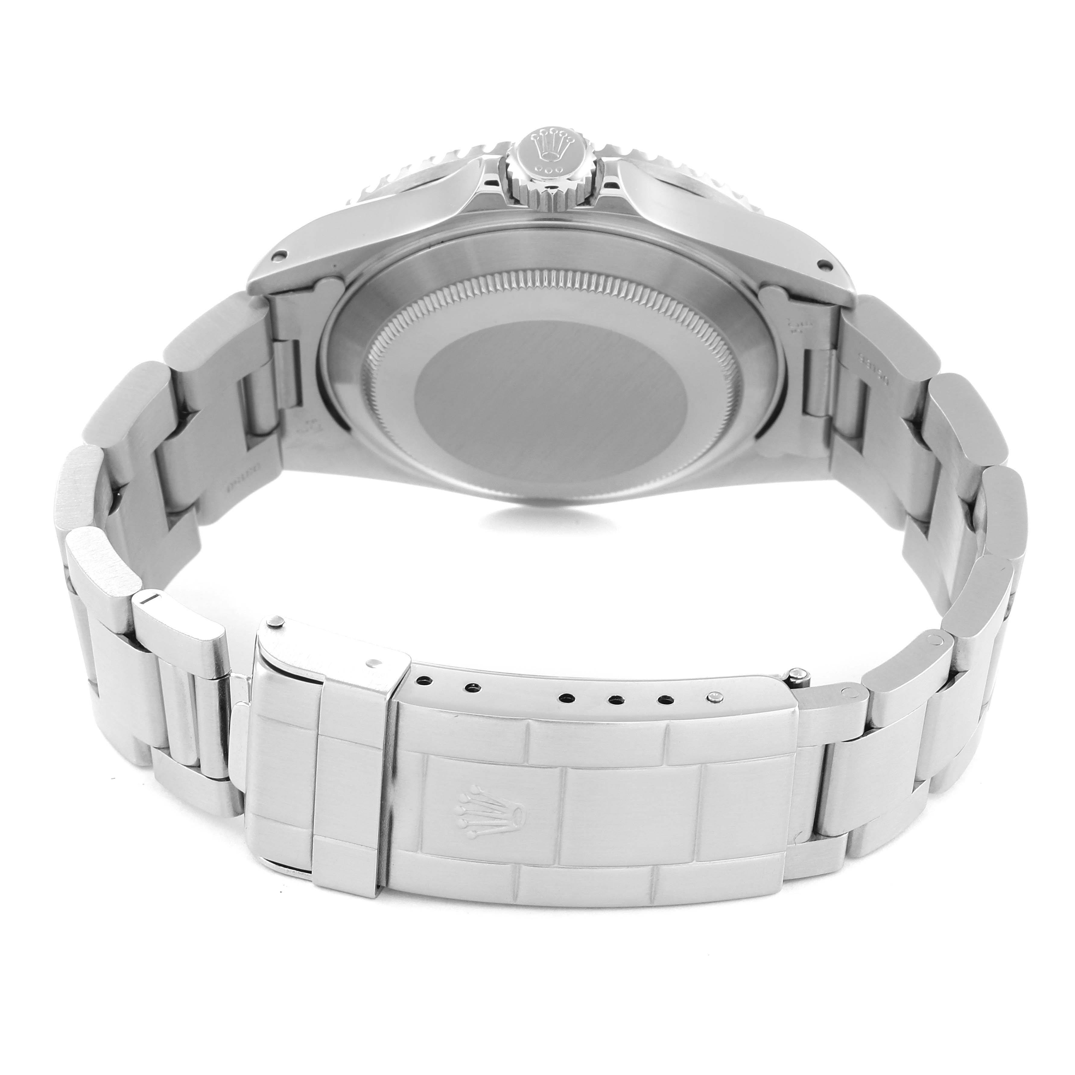 The image shows the back view of a Rolex Submariner 16610 Men
s Stainless Steel Black Dial 16610 Men
s Stainless Steel Black Dial watch, including the case back, crown, and bracelet with the clasp.