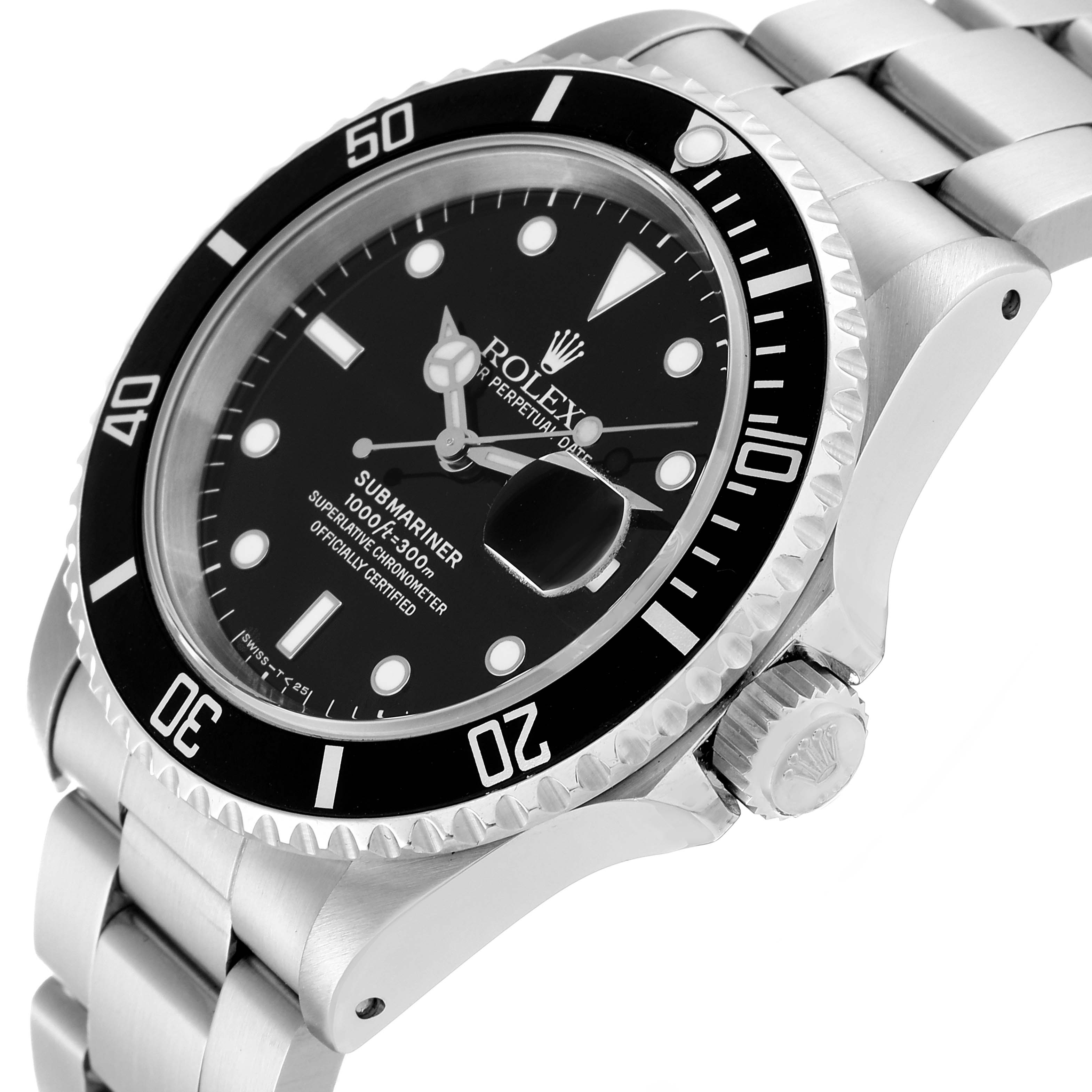 A Rolex Submariner 16610 Men
s Stainless Steel Black Dial 16610 Men
s Stainless Steel Black Dial watch is shown from an angled side view, highlighting the bezel, face, and part of the metal band.
