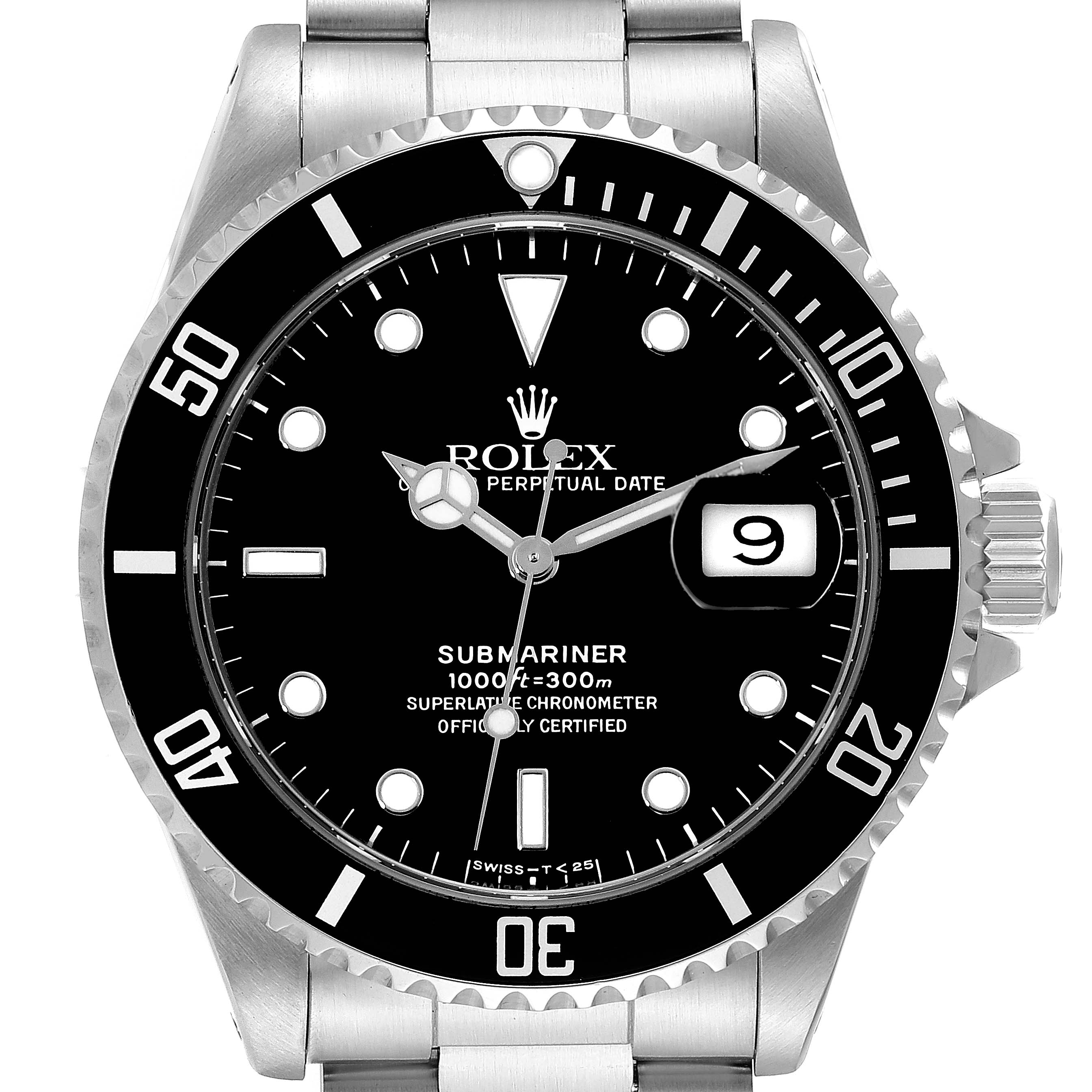 The image shows a front view of a Rolex Submariner 16610 Men
s Stainless Steel Black Dial 16610 Men
s Stainless Steel Black Dial watch, highlighting the bezel, dial, hands, and part of the bracelet.