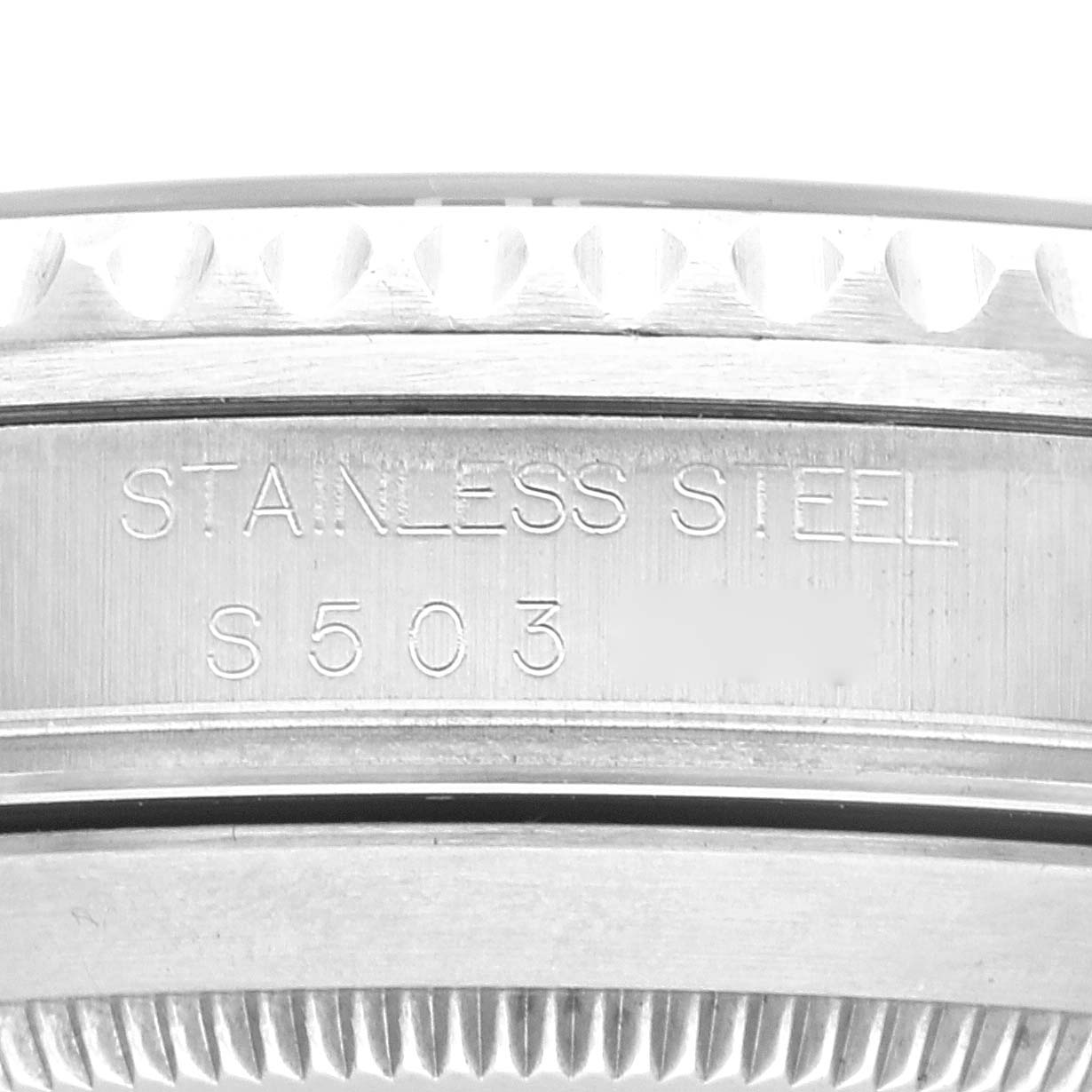 The image shows a close-up angle of the stainless steel case and engraved markings on a Rolex Submariner 16610 Men
s Stainless Steel Black Dial 16610 Men
s Stainless Steel Black Dial watch.