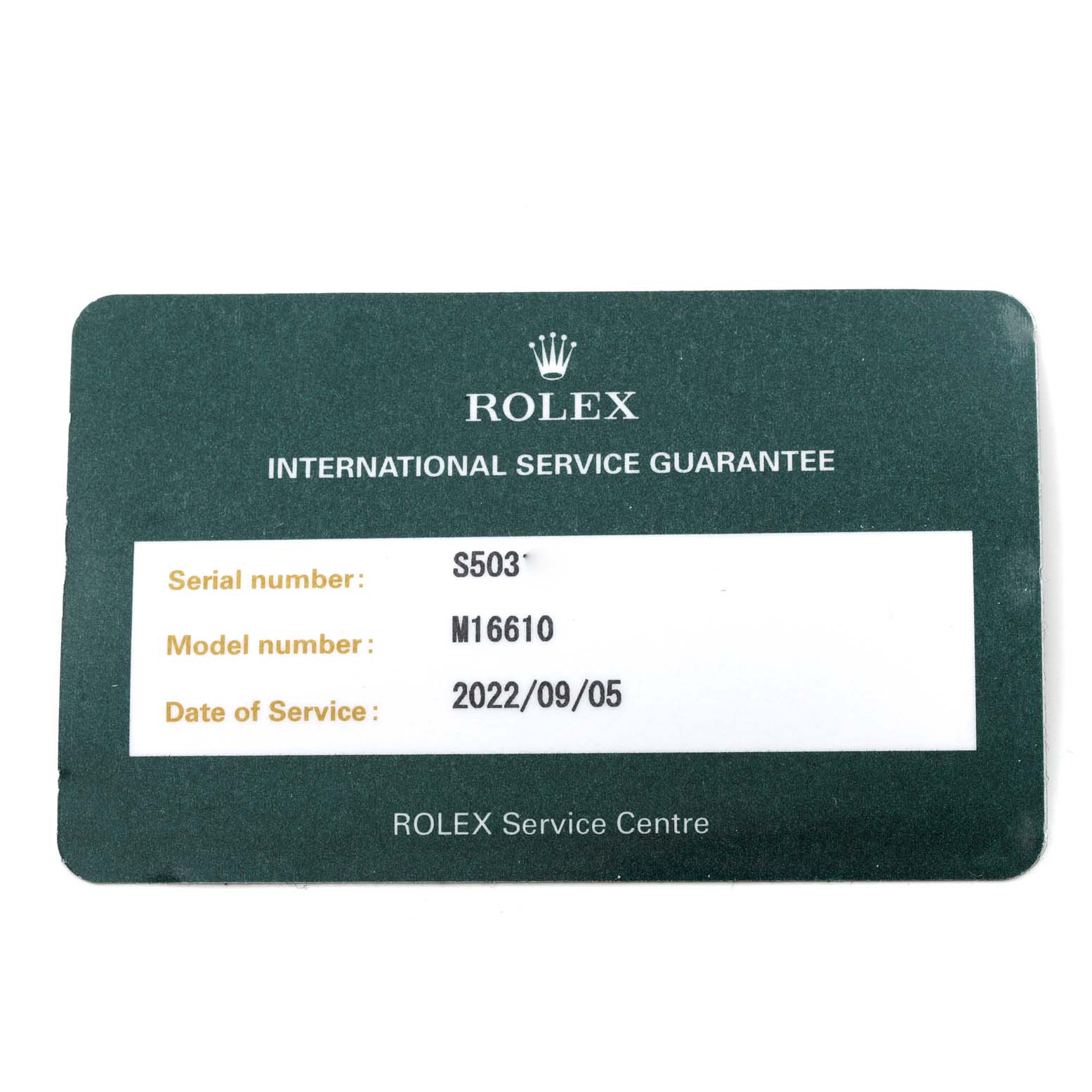 This is a Rolex Submariner 16610 Men
s Stainless Steel Black Dial 16610 Men
s Stainless Steel Black Dial model M16610 service guarantee card, showing the serial number and date of service.