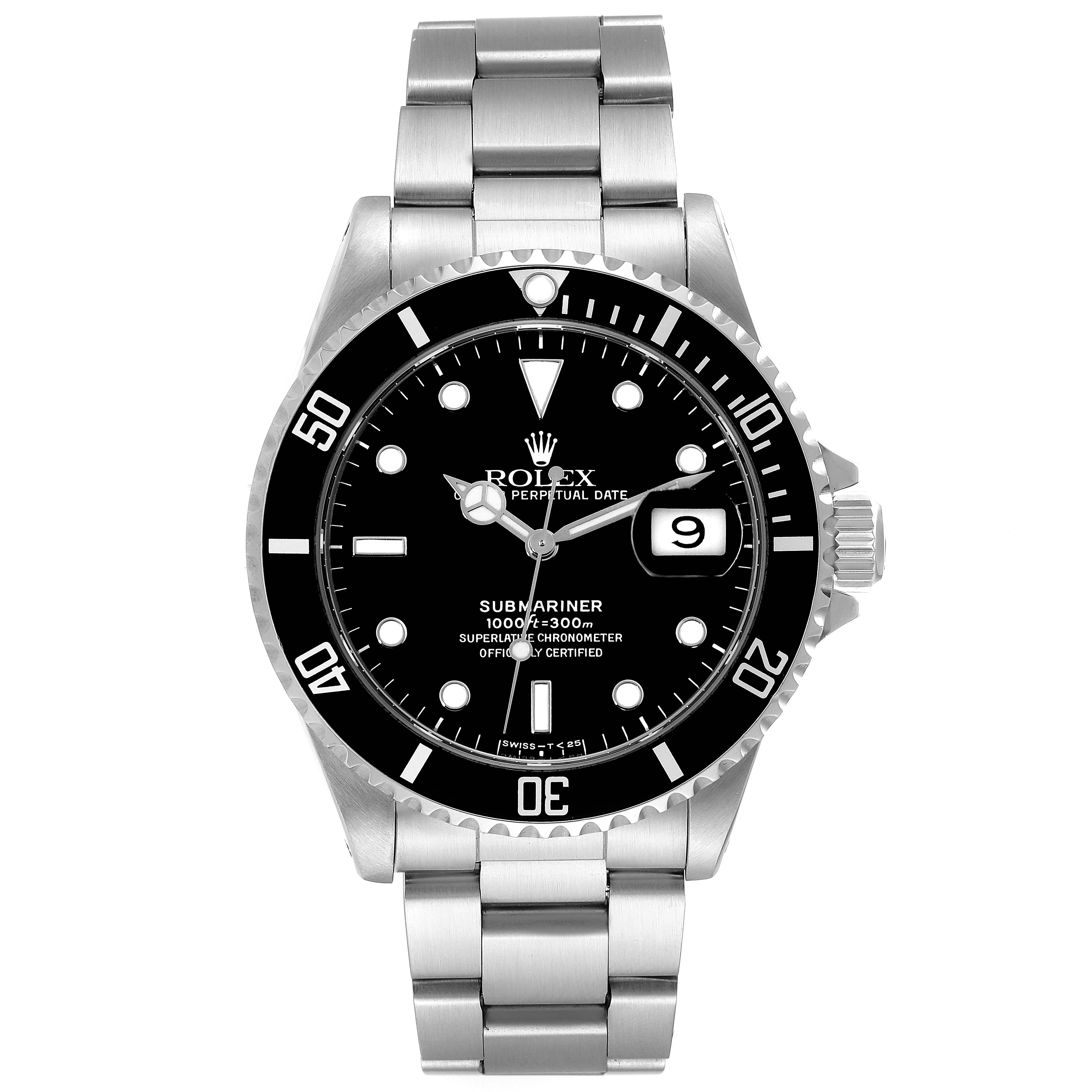 The image shows a frontal view of the Rolex Submariner 16610 Men
s Stainless Steel Black Dial 16610 Men
s Stainless Steel Black Dial watch displaying the face, bezel, and a portion of the band.