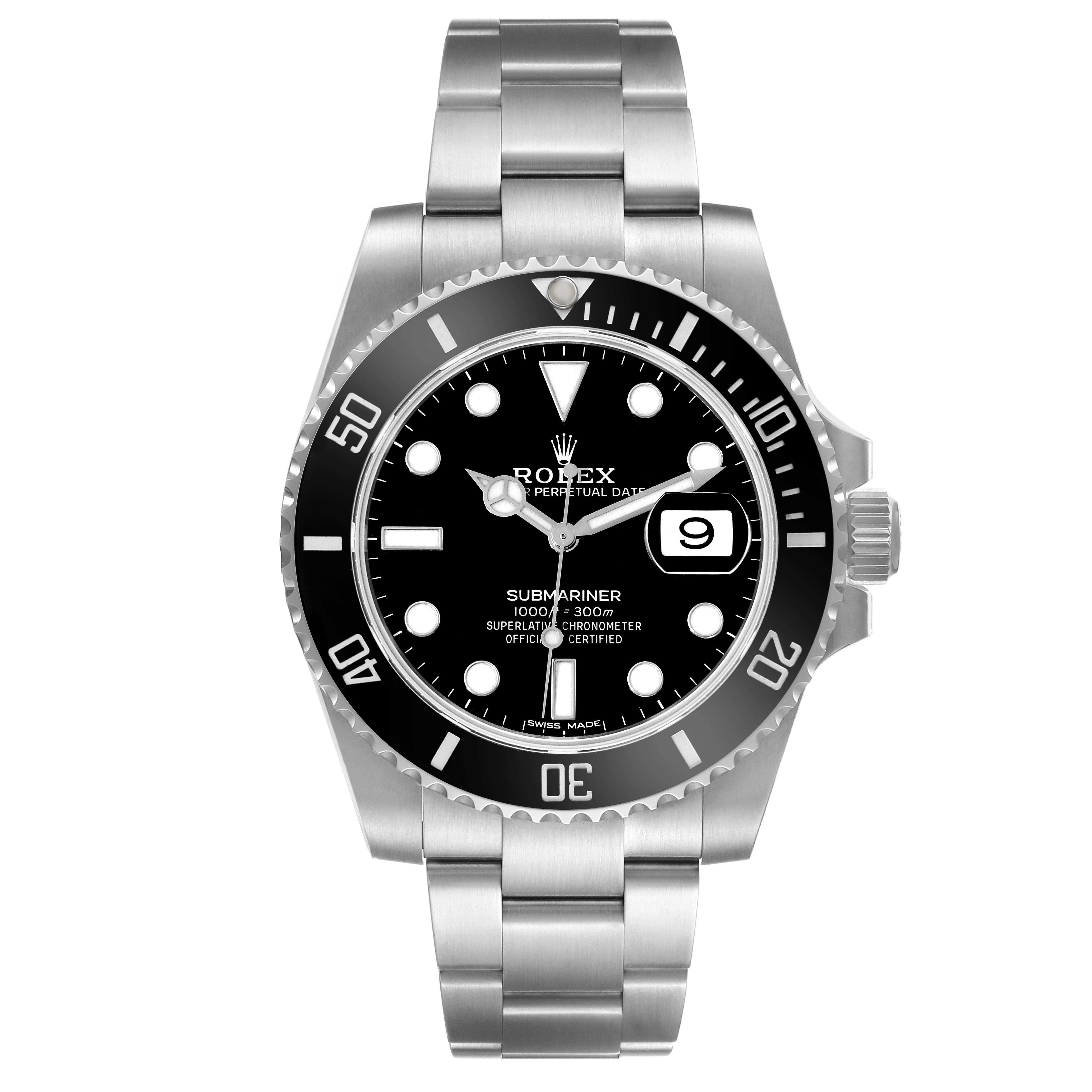 The image shows a front view of a Rolex Submariner 116610 Men
s Stainless Steel Black Dial 116610 Men
s Stainless Steel Black Dial model watch, highlighting the dial, bezel, and bracelet.