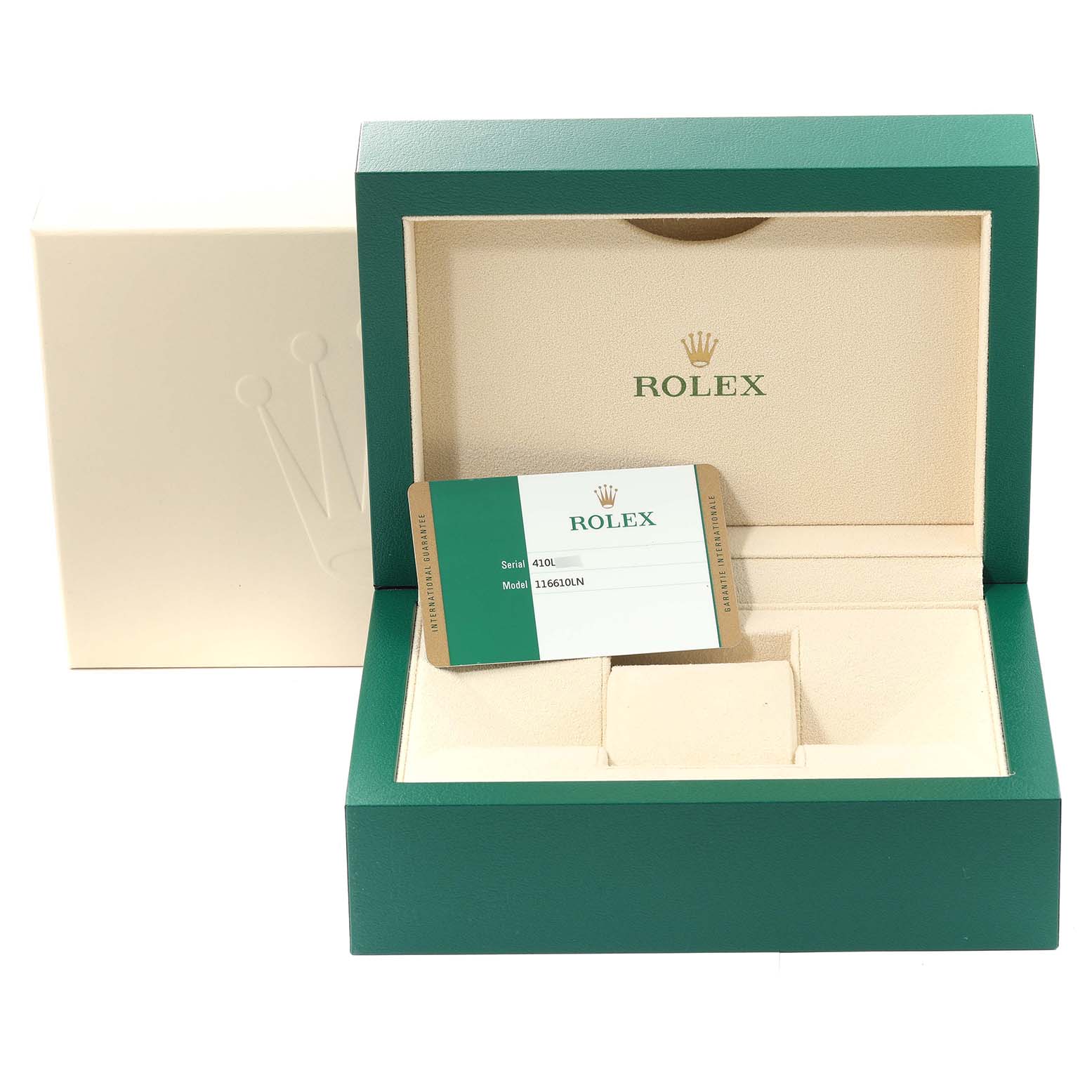 The image shows a Rolex Submariner 116610 Men
s Stainless Steel Black Dial 116610 Men
s Stainless Steel Black Dial model box and ID card at an opened angle.