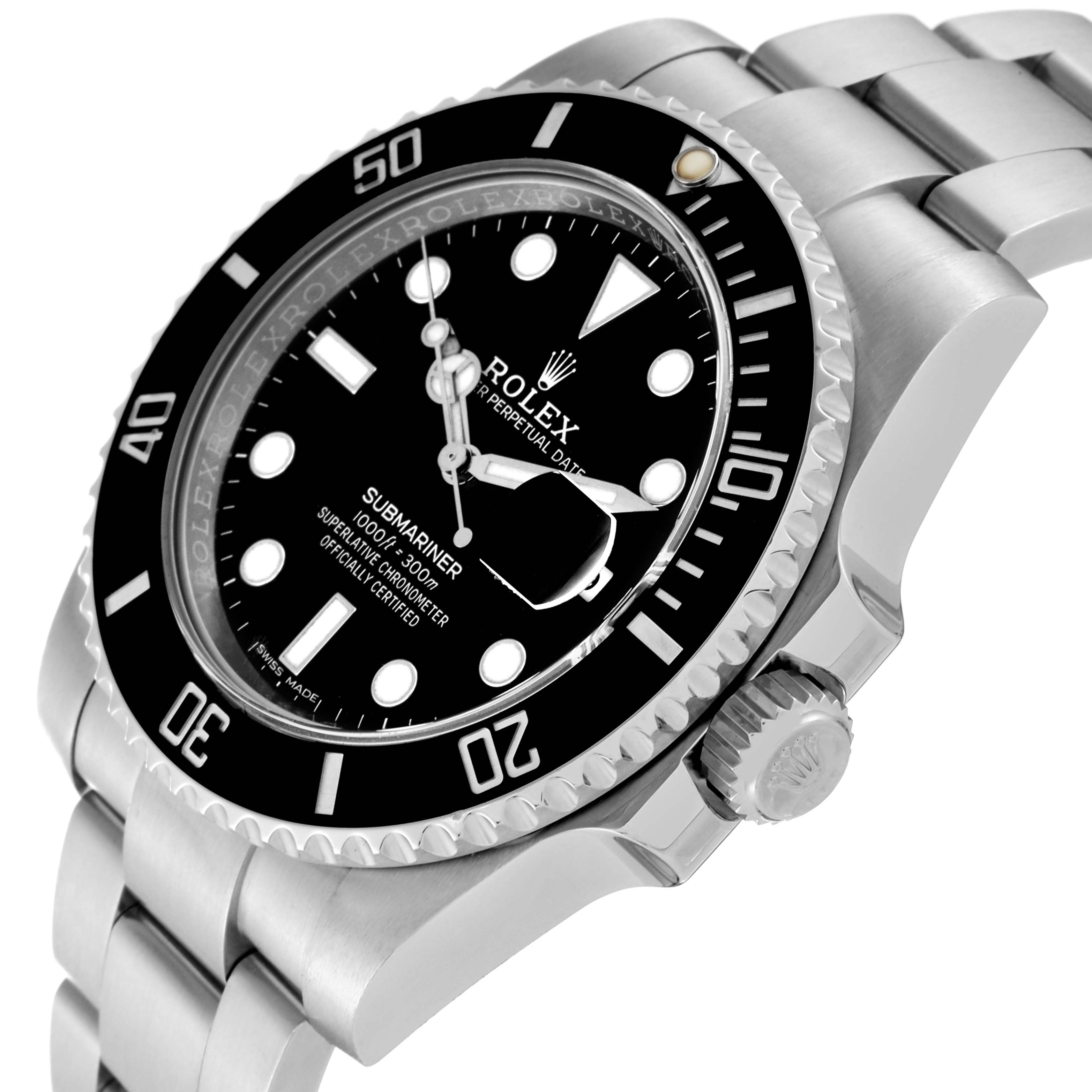 The image shows a close-up angle of the Rolex Submariner 116610 Men
s Stainless Steel Black Dial 116610 Men
s Stainless Steel Black Dial watch displaying the bezel, dial, crown, and part of the bracelet.