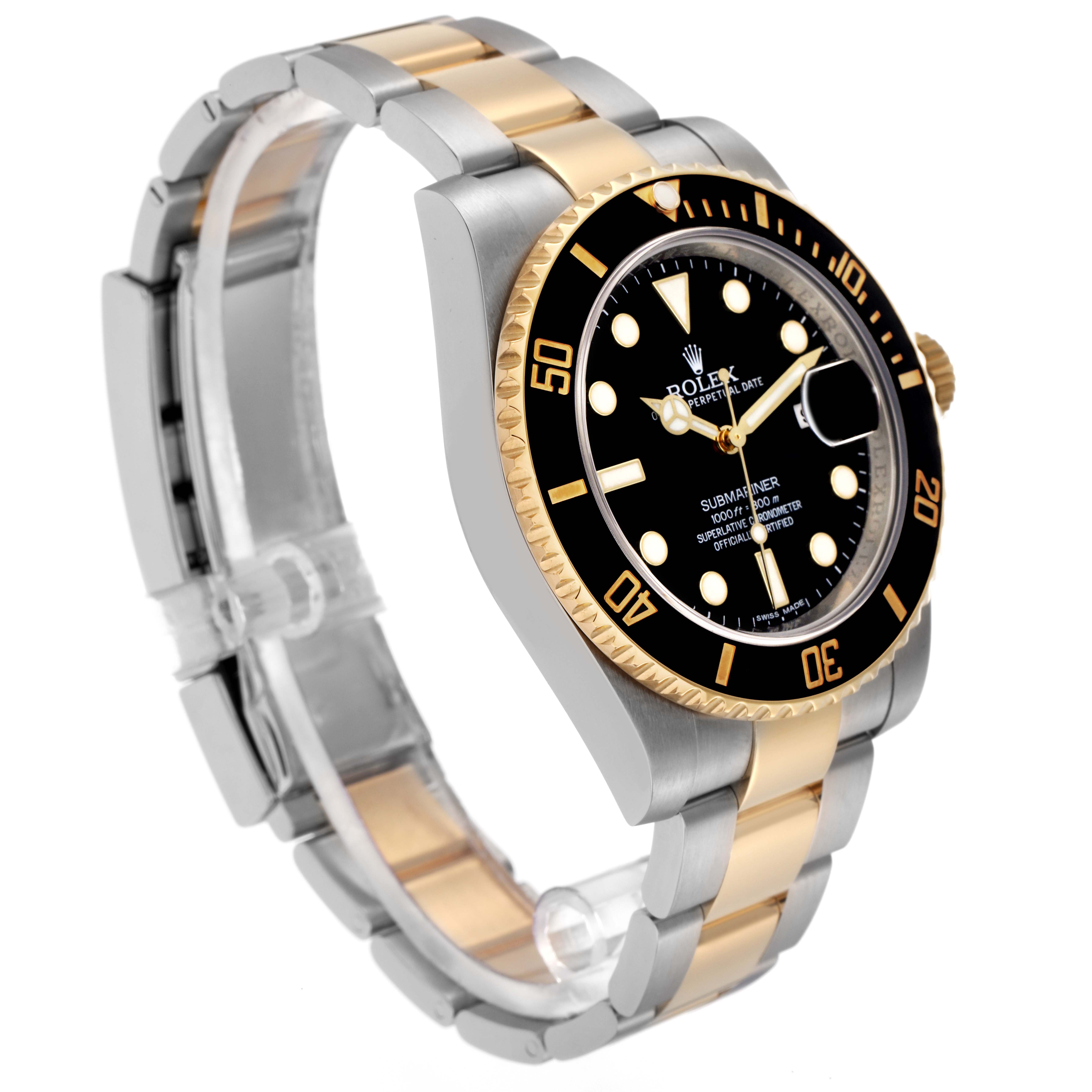 The Rolex Submariner 116613 Men's Steel and Gold (two tone) Black Dial 116613 Men's Steel and Gold (two tone) Black Dial is shown at a three-quarter angle, displaying the bezel, dial, and two-tone bracelet.
