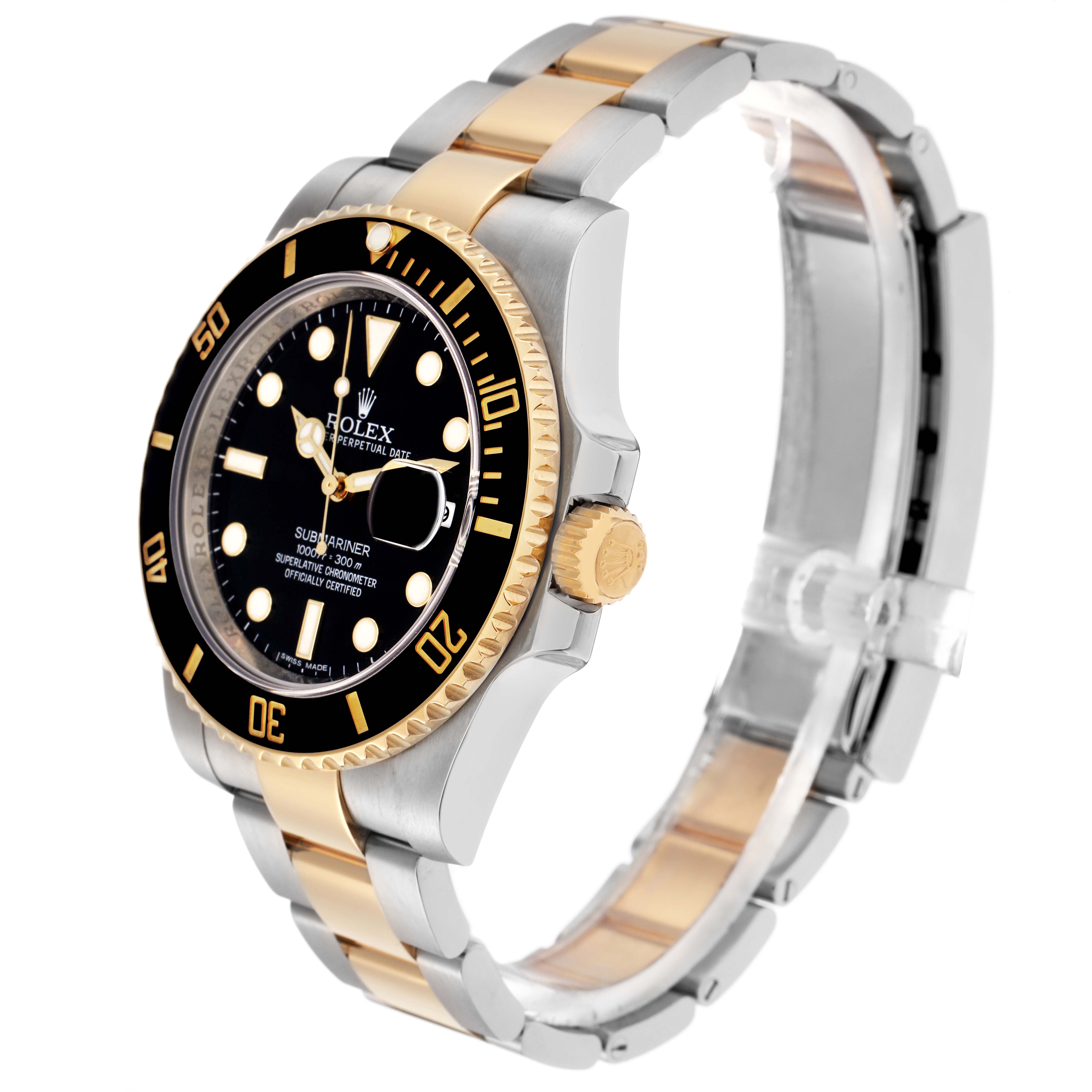 The Rolex Submariner 116613 Men's Steel and Gold (two tone) Black Dial 116613 Men's Steel and Gold (two tone) Black Dial watch is shown at an angled side view, displaying the bezel, dial, crown, and two-tone bracelet.
