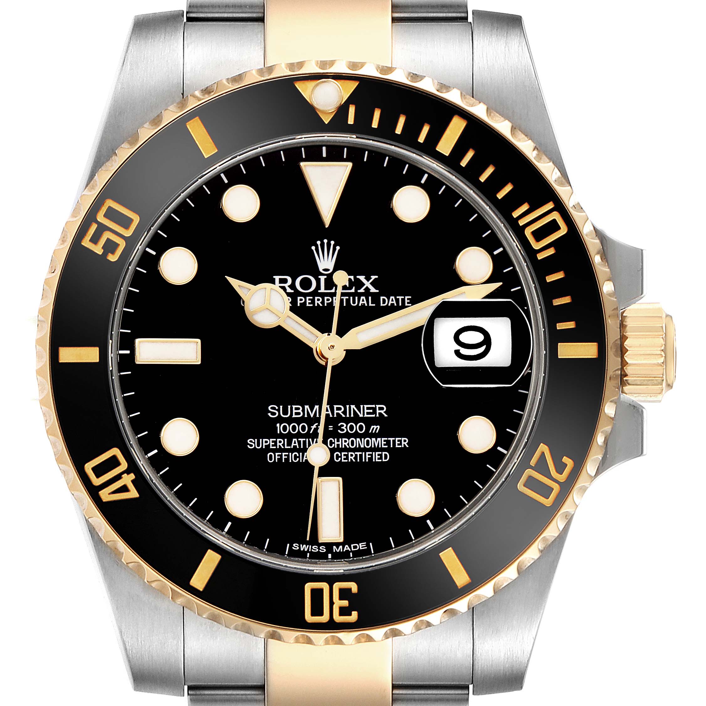 The Rolex Submariner 116613 Men's Steel and Gold (two tone) Black Dial 116613 Men's Steel and Gold (two tone) Black Dial is shown from a top-down angle, highlighting the dial, bezel, and a portion of the bracelet.