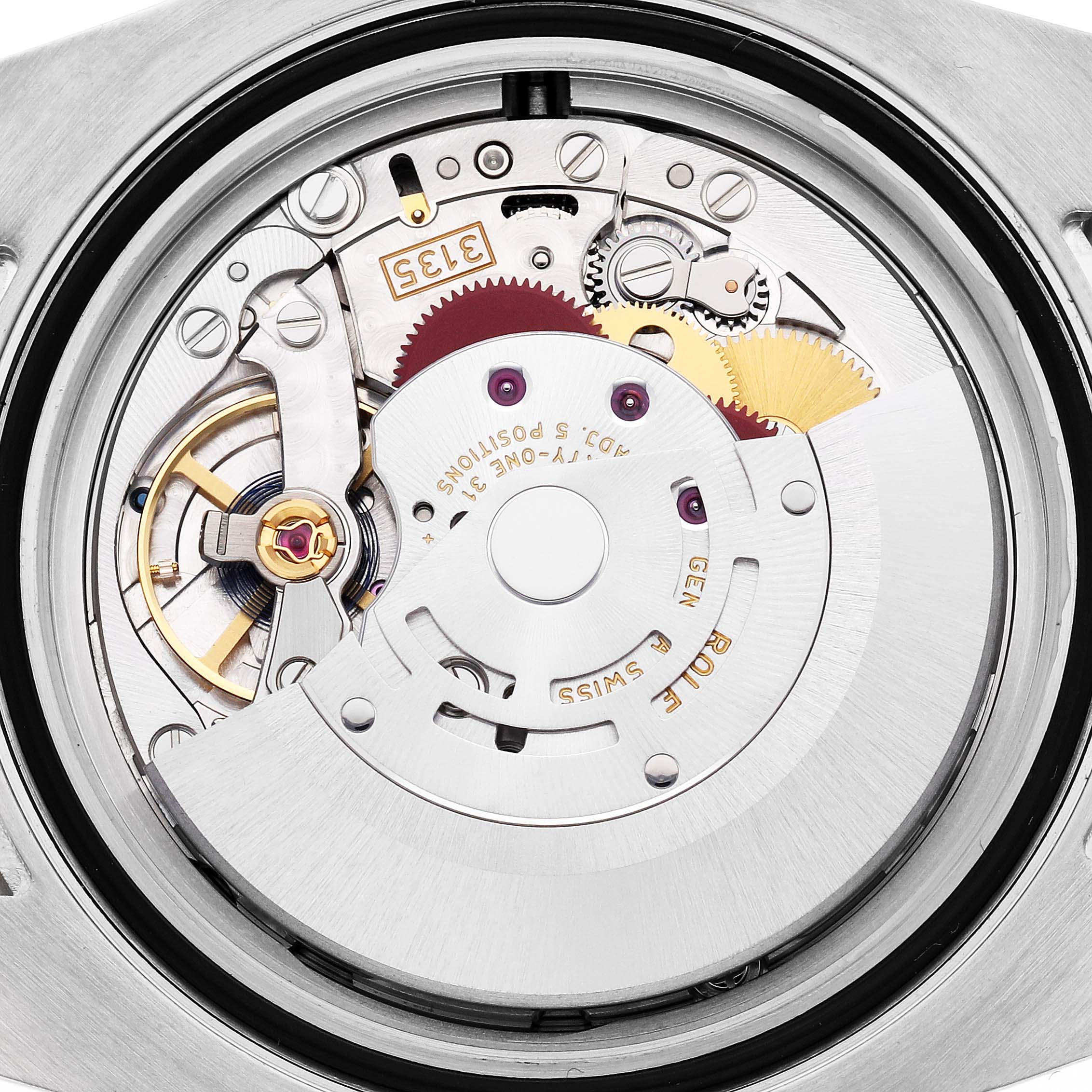The image shows the movement from the back of a Rolex Submariner 116613 Men's Steel and Gold (two tone) Black Dial 116613 Men's Steel and Gold (two tone) Black Dial, highlighting gears and components.