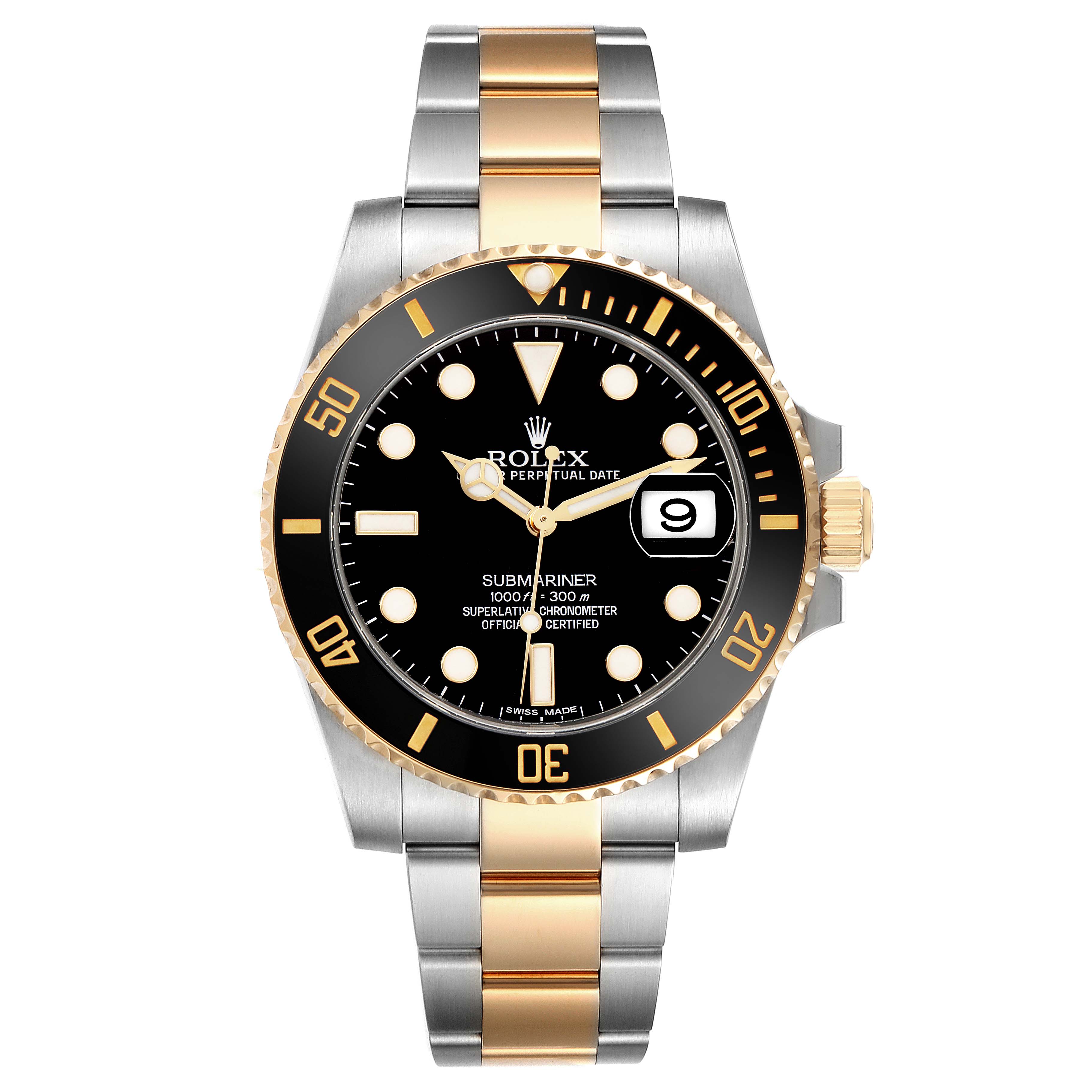 The Rolex Submariner 116613 Men's Steel and Gold (two tone) Black Dial 116613 Men's Steel and Gold (two tone) Black Dial watch is shown from the front, displaying its dial, bezel, and bracelet.