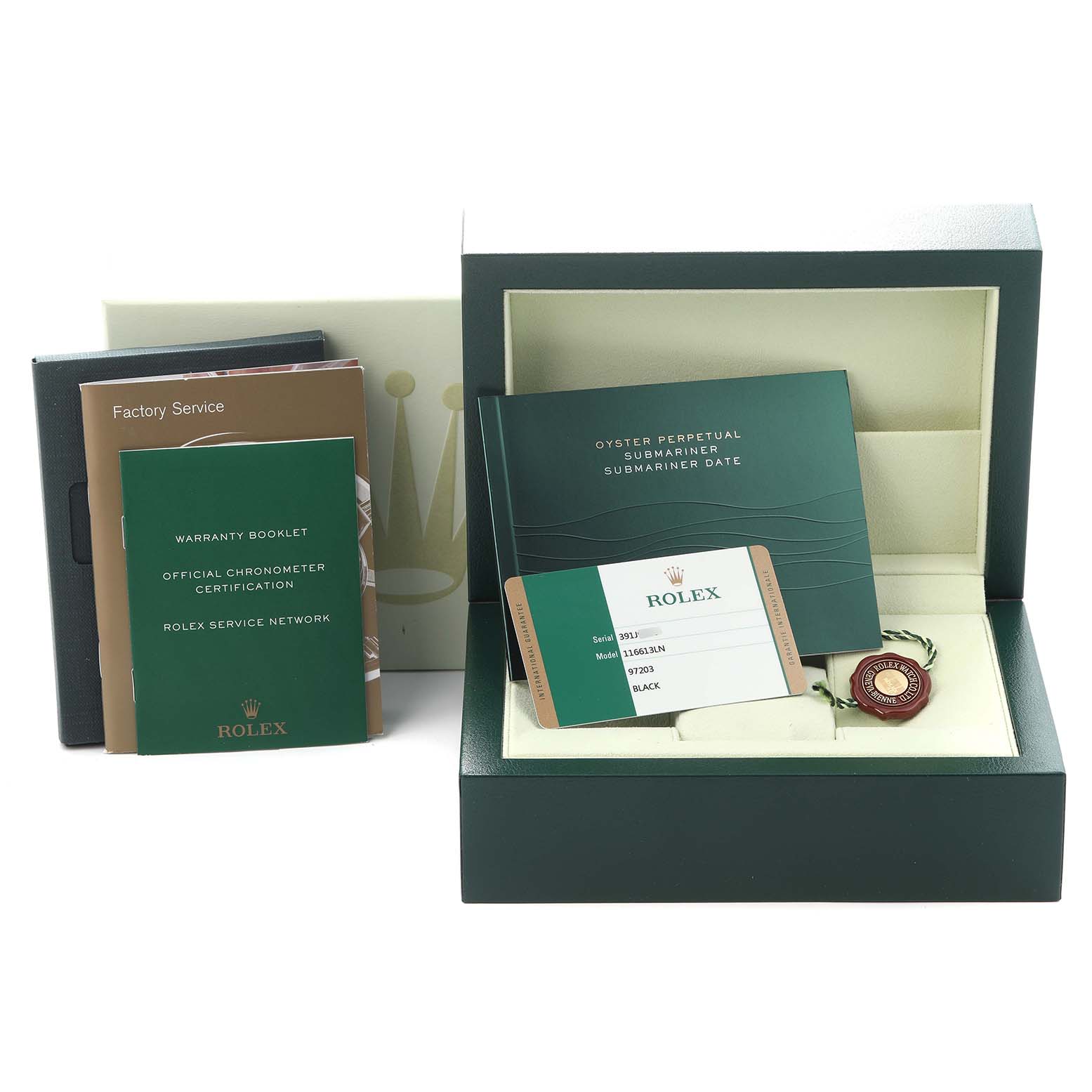 This image shows the accessories for a Rolex Submariner 116613 Men's Steel and Gold (two tone) Black Dial 116613 Men's Steel and Gold (two tone) Black Dial, including the warranty booklets, certification, and original box.