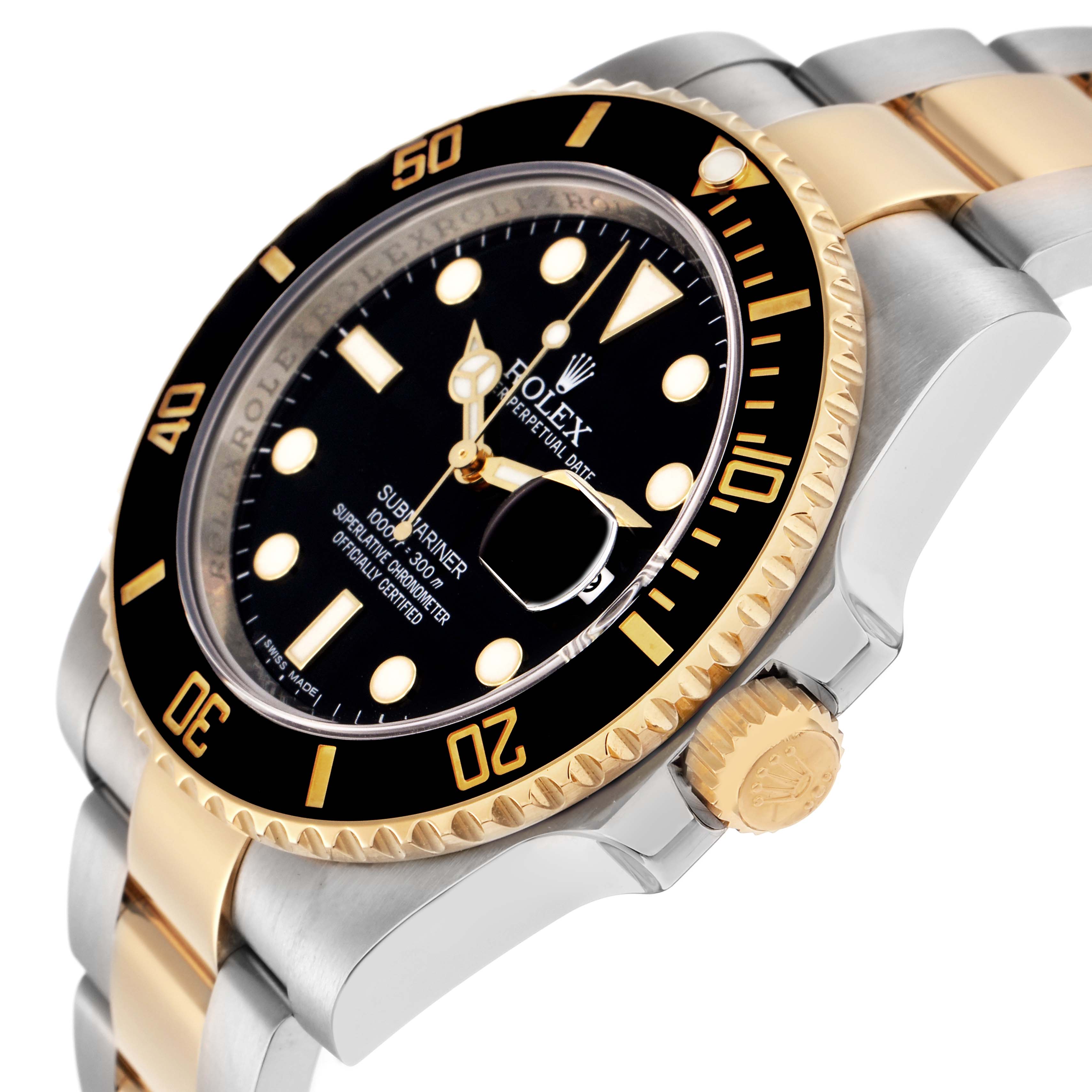 The Rolex Submariner 116613 Men's Steel and Gold (two tone) Black Dial 116613 Men's Steel and Gold (two tone) Black Dial is shown at an angle highlighting its bezel, dial, crown, and two-tone bracelet.